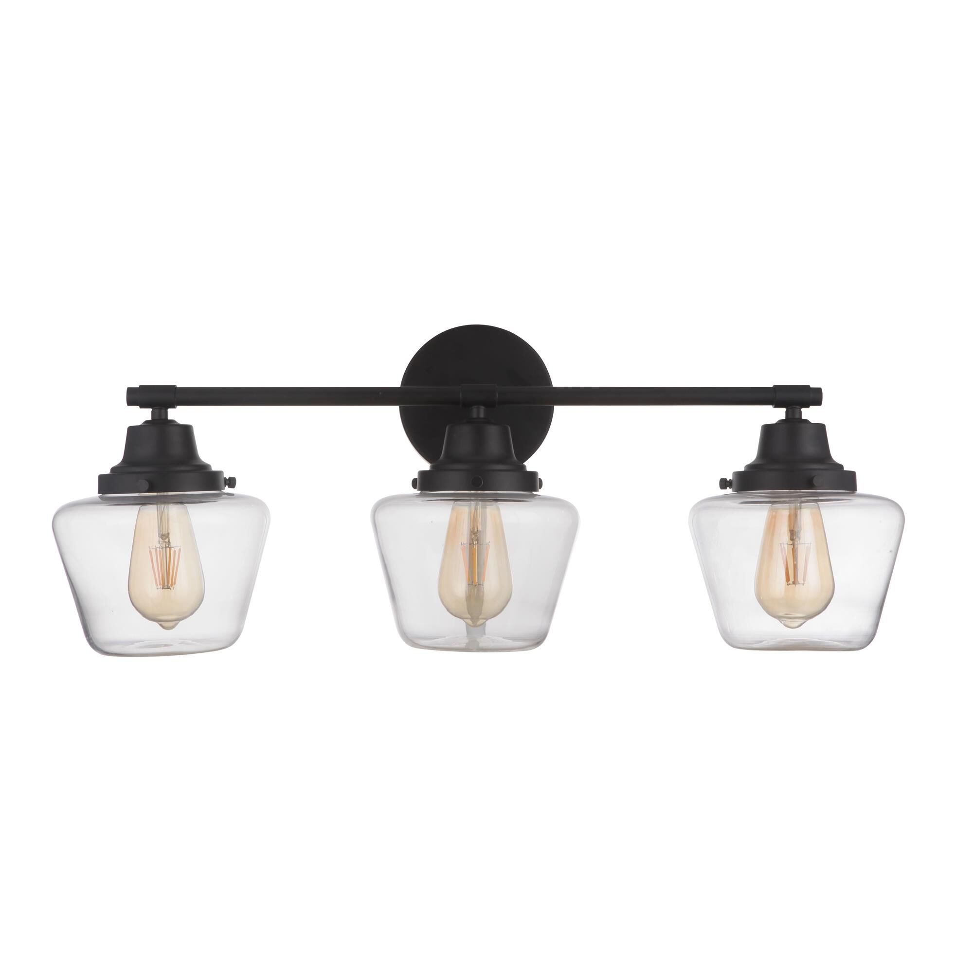 Shown in Flat Black finish and Clear glass and Glass shade