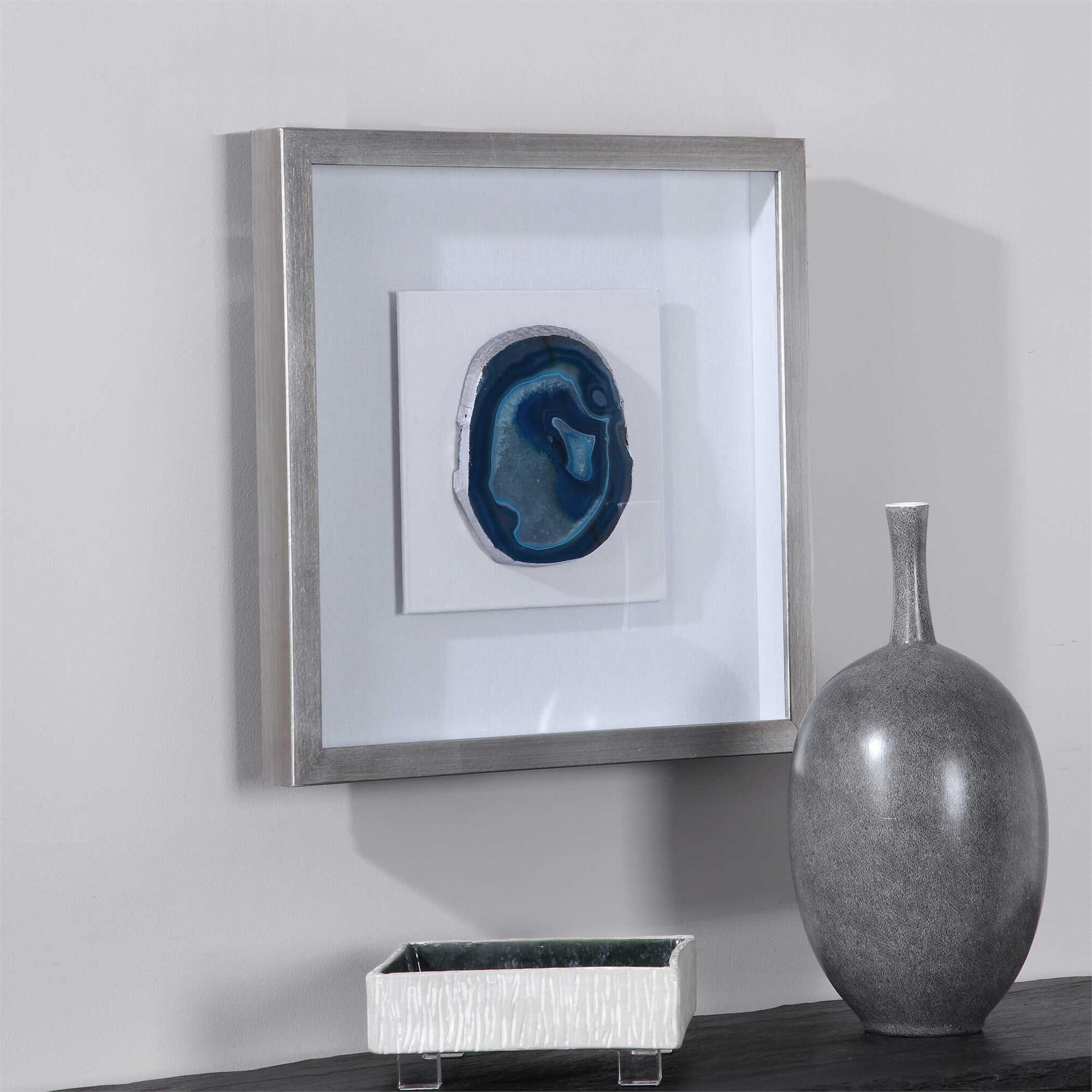 Shown in A Pine Wood Shadow Box Featuring A Hand Applied Silver Leaf Finish Showcases A Striking Blue Agate S finish