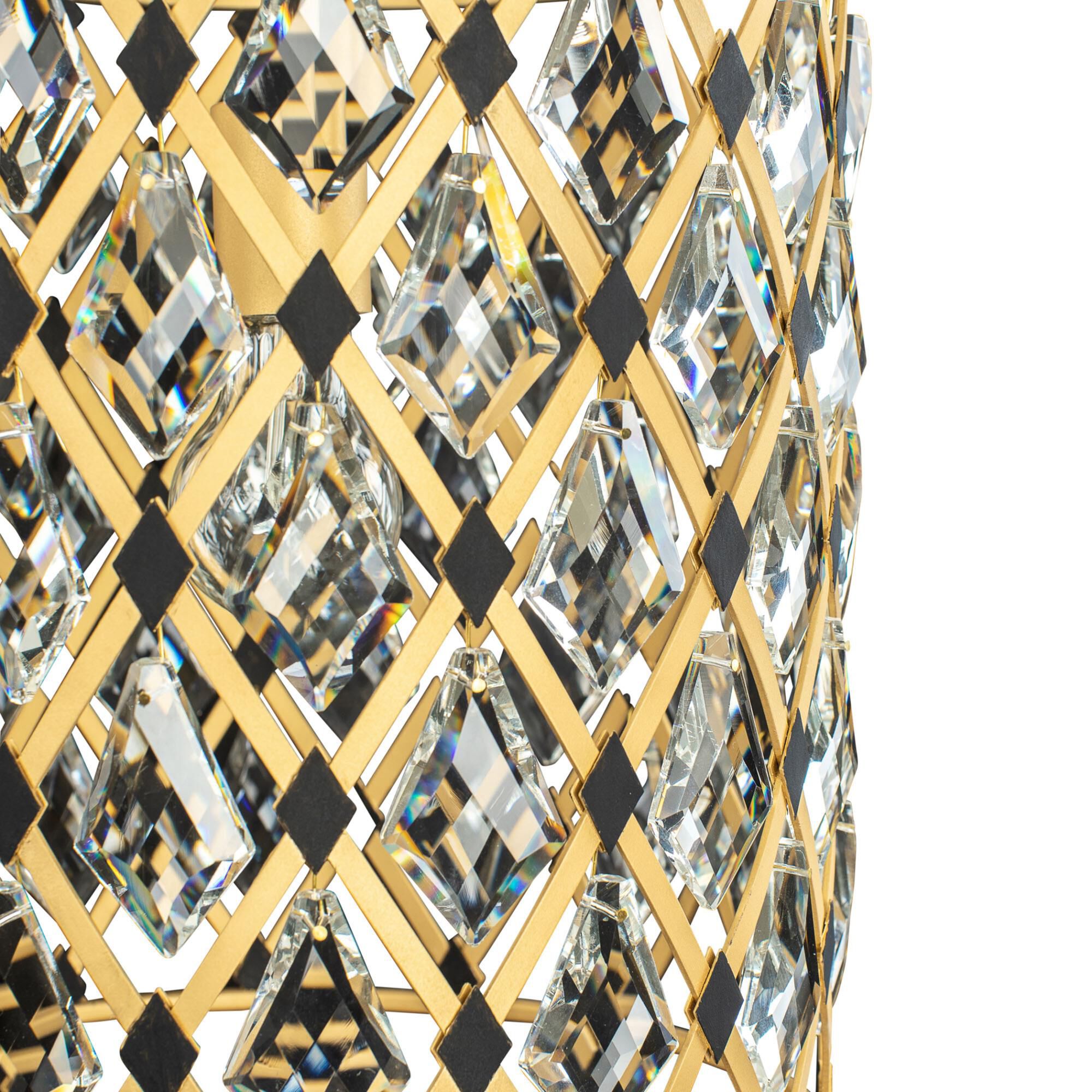 Shown in French Gold and Matte Black finish and Clear crystal