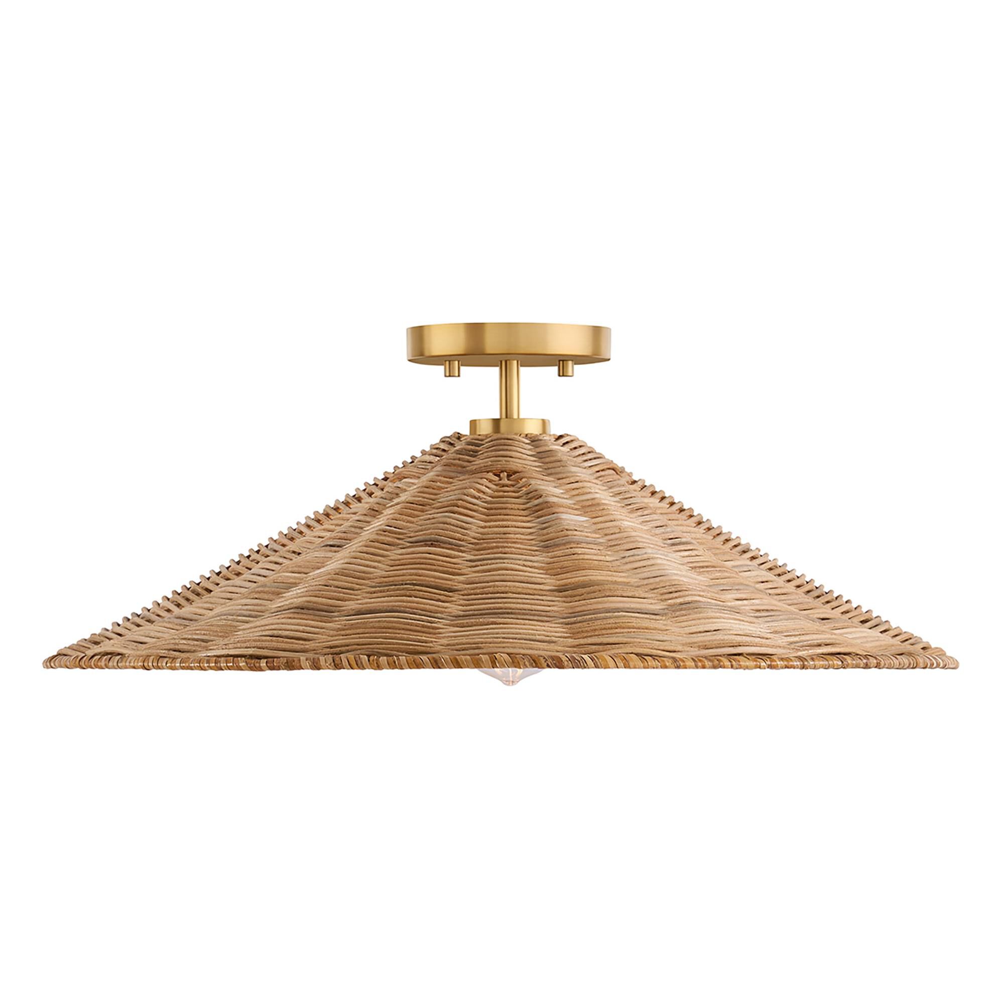 Shown in Natural Brass finish and Natural Rattan shade