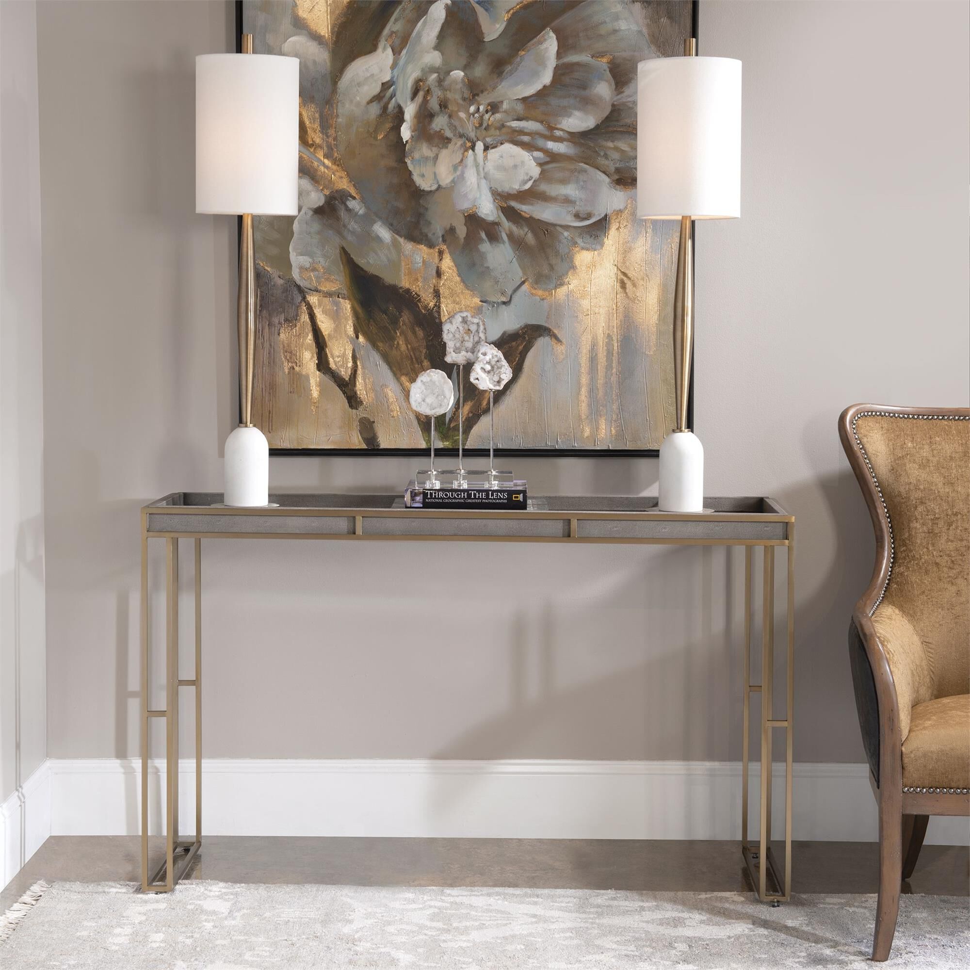 Shown in Exhibiting A Modern Minimalist Design, This Tray Style Console Table Features A Rich, Charcoal Gray  finish