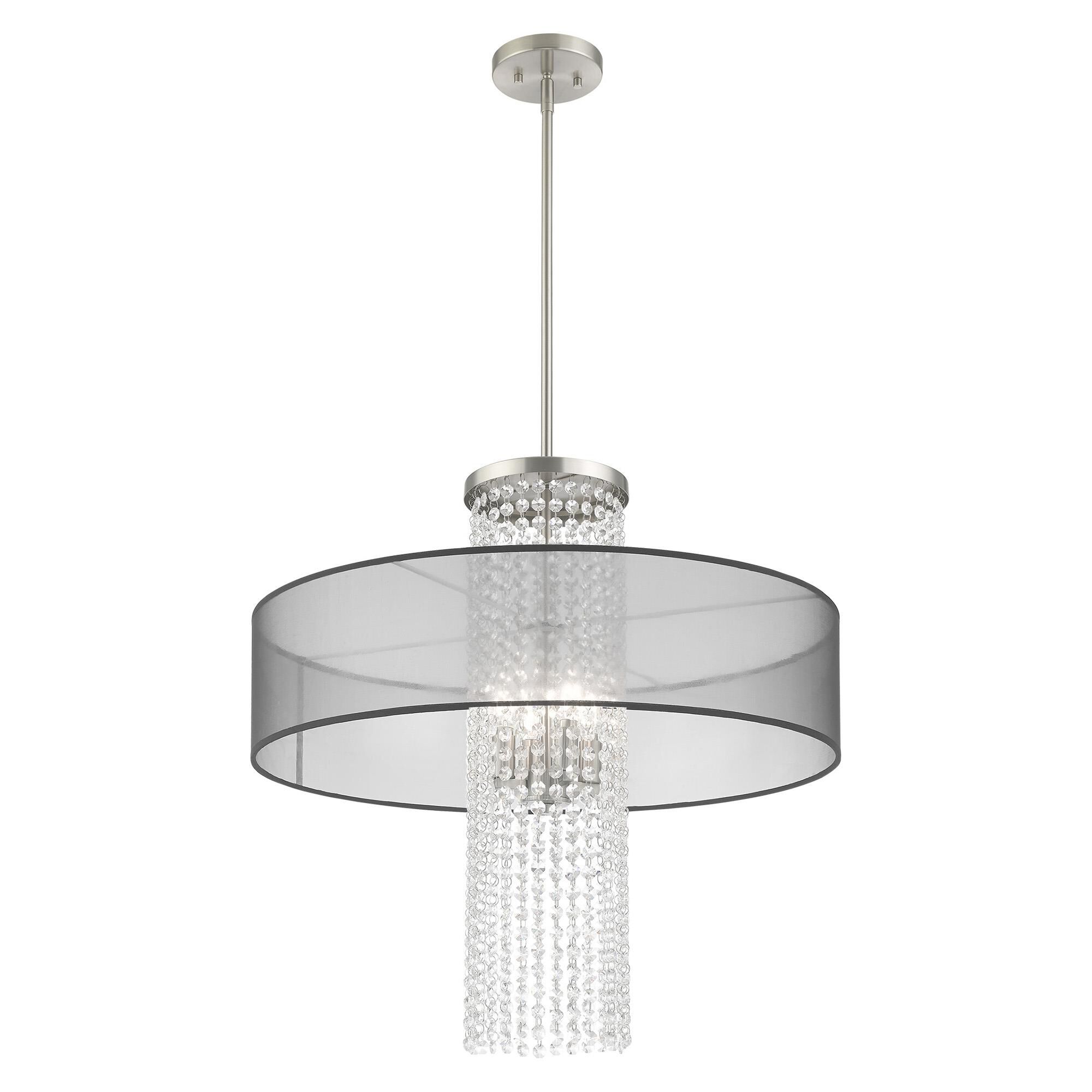 Shown in Brushed Nickel finish and Clear Crystals with Hand Crafted Translucent Black Fabric shade