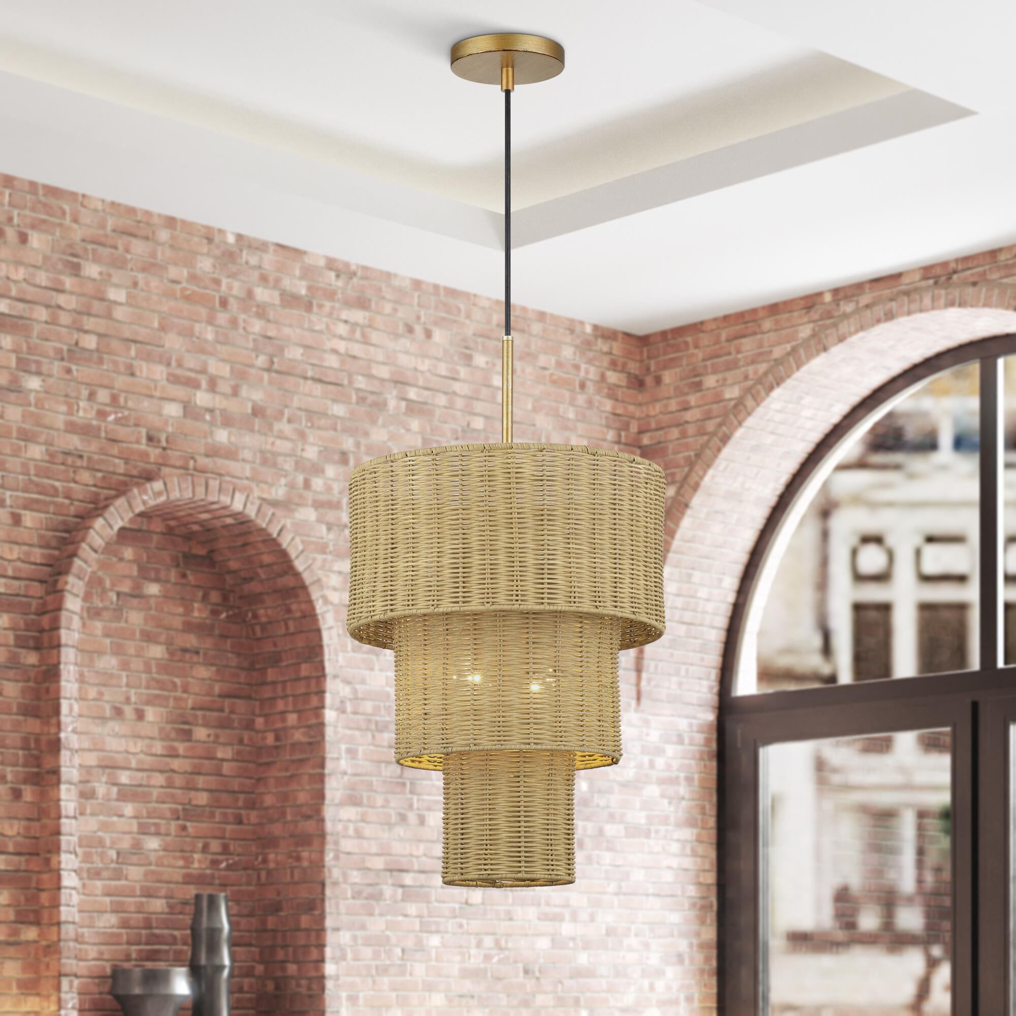 Shown in Antique Gold Leaf finish and Hand-Woven Rustic Walnut Color Rattan shade