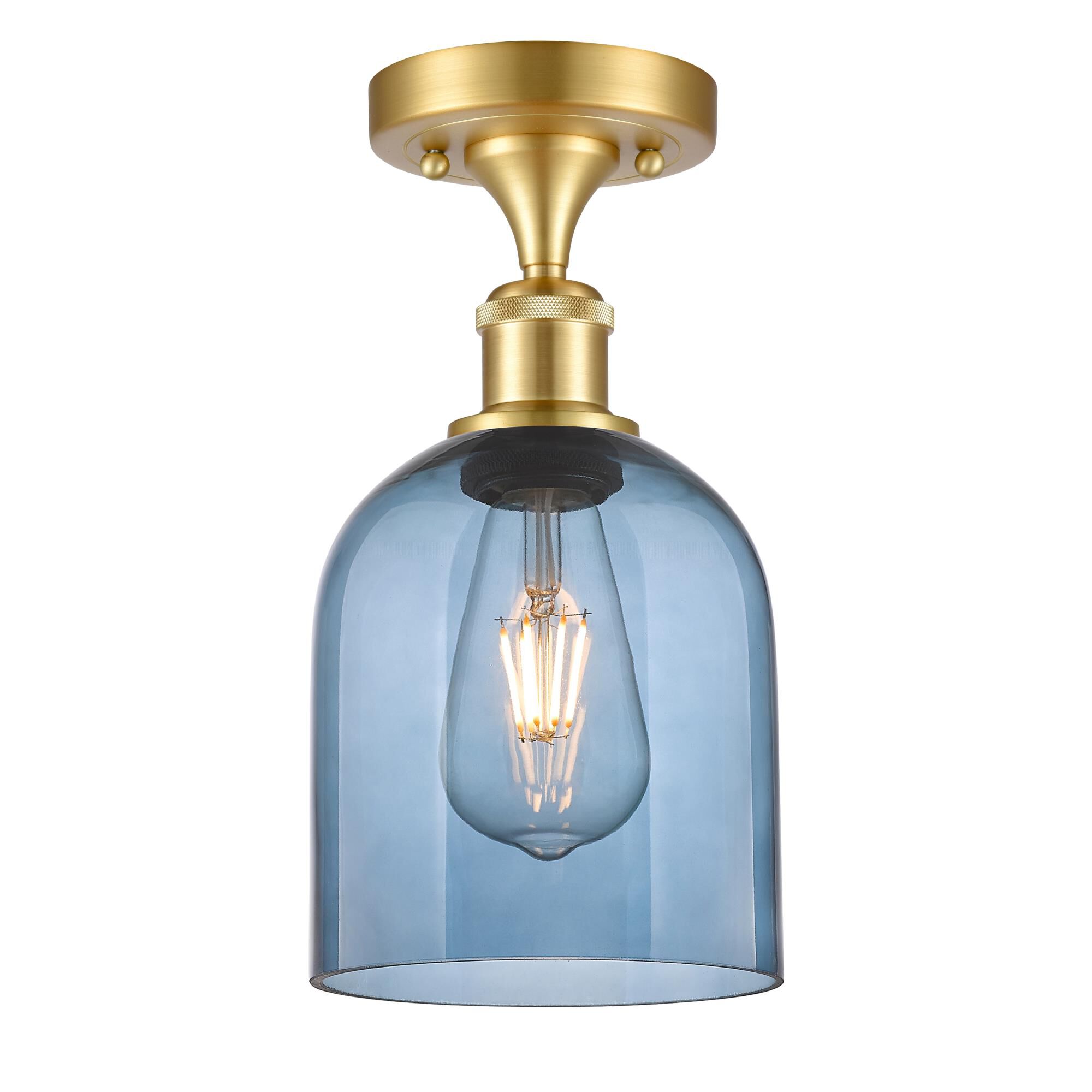 Shown in Satin Gold finish and Princess Blue glass