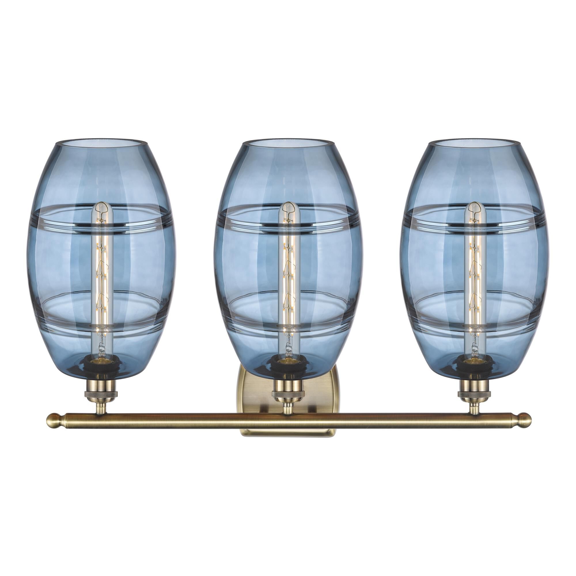 Shown in Antique Brass finish and Princess Blue glass