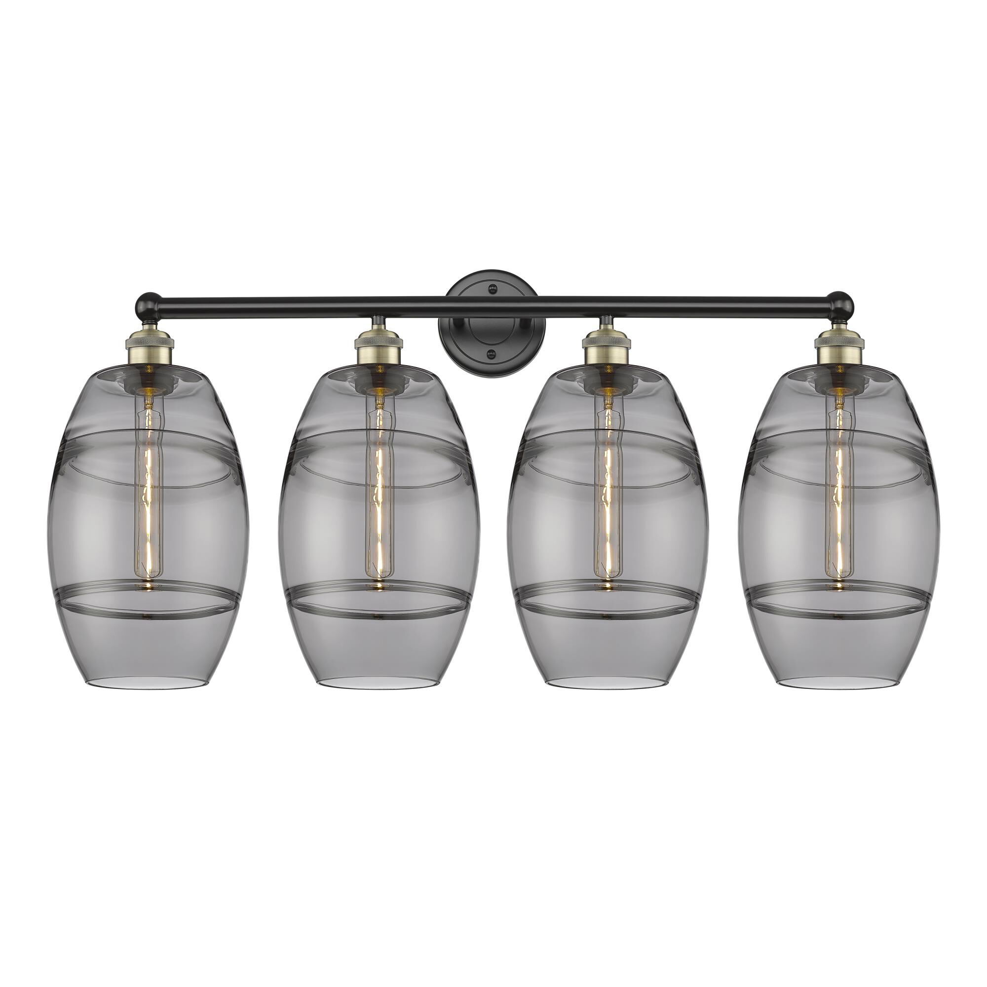 Shown in Black Antique Brass finish and Light Smoke glass