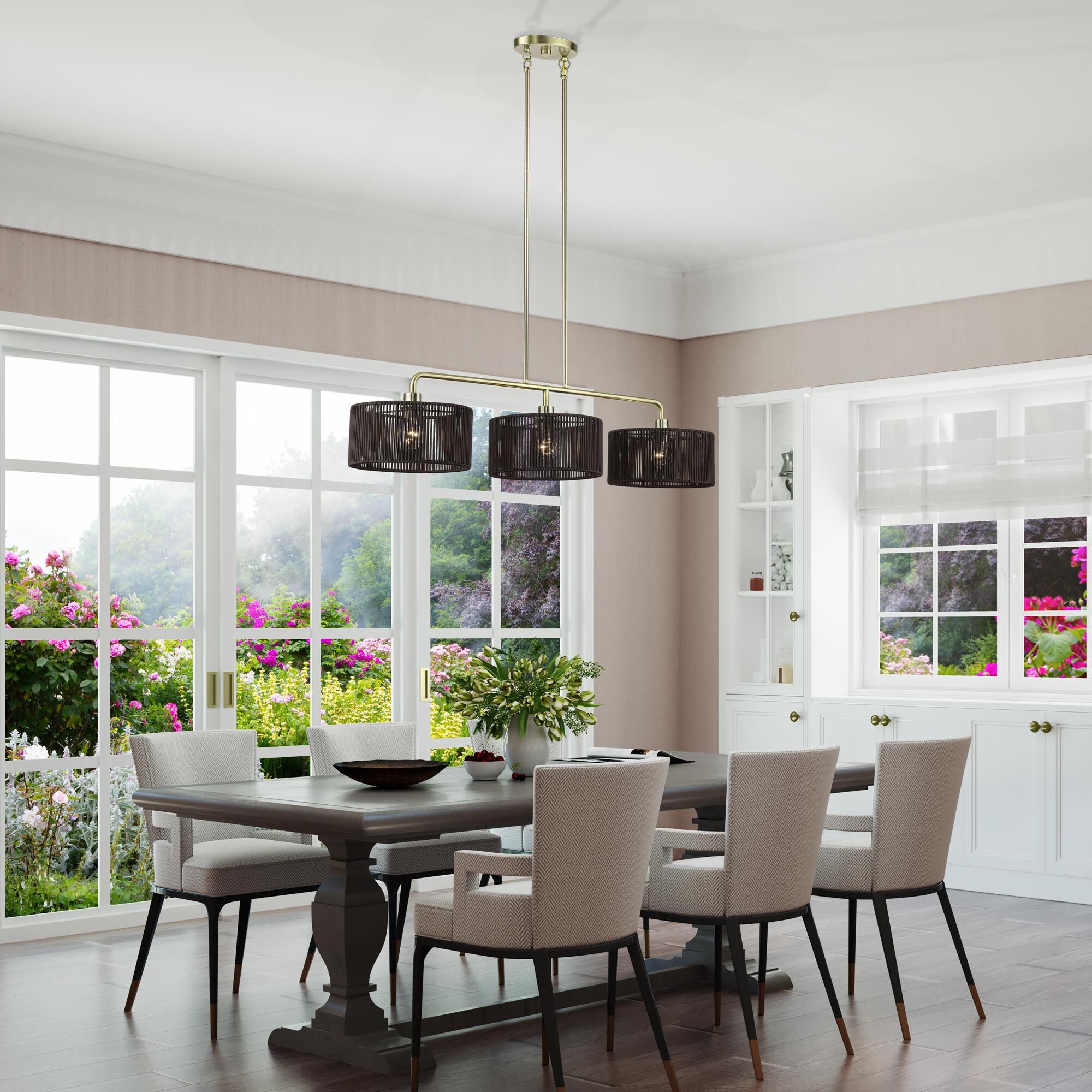 Shown in Antique Brass finish and Hand-Woven Dark Chocolate Color Polyester Rope shade