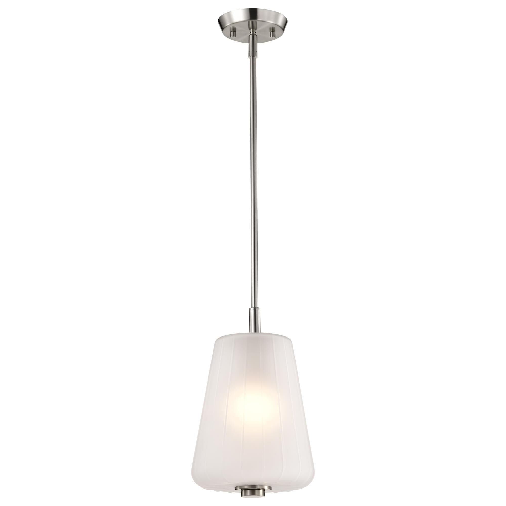 Shown in Brushed Nickel finish and Etched White glass