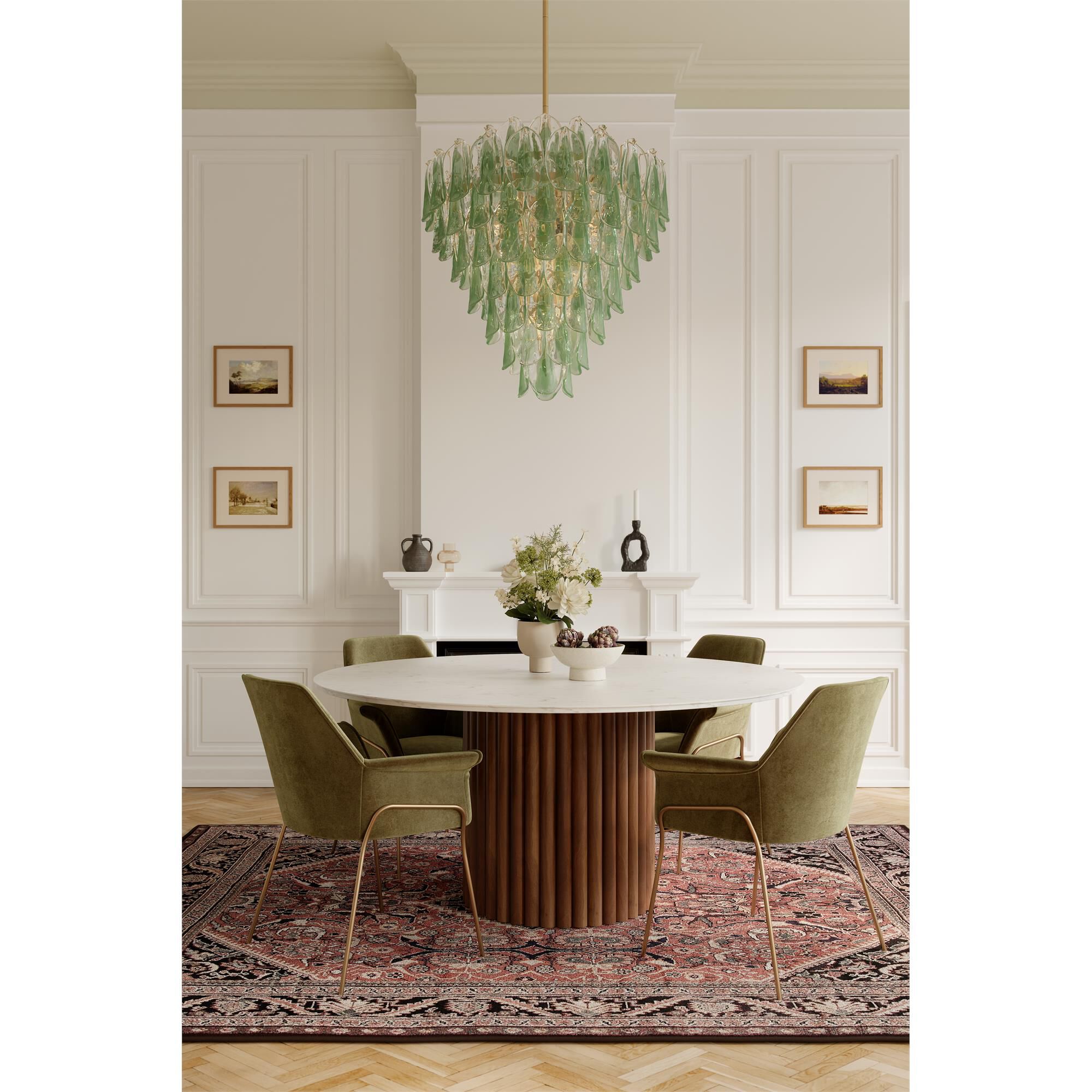 Shown in Legacy Brass finish and Green and Clear Hand-Formed glass