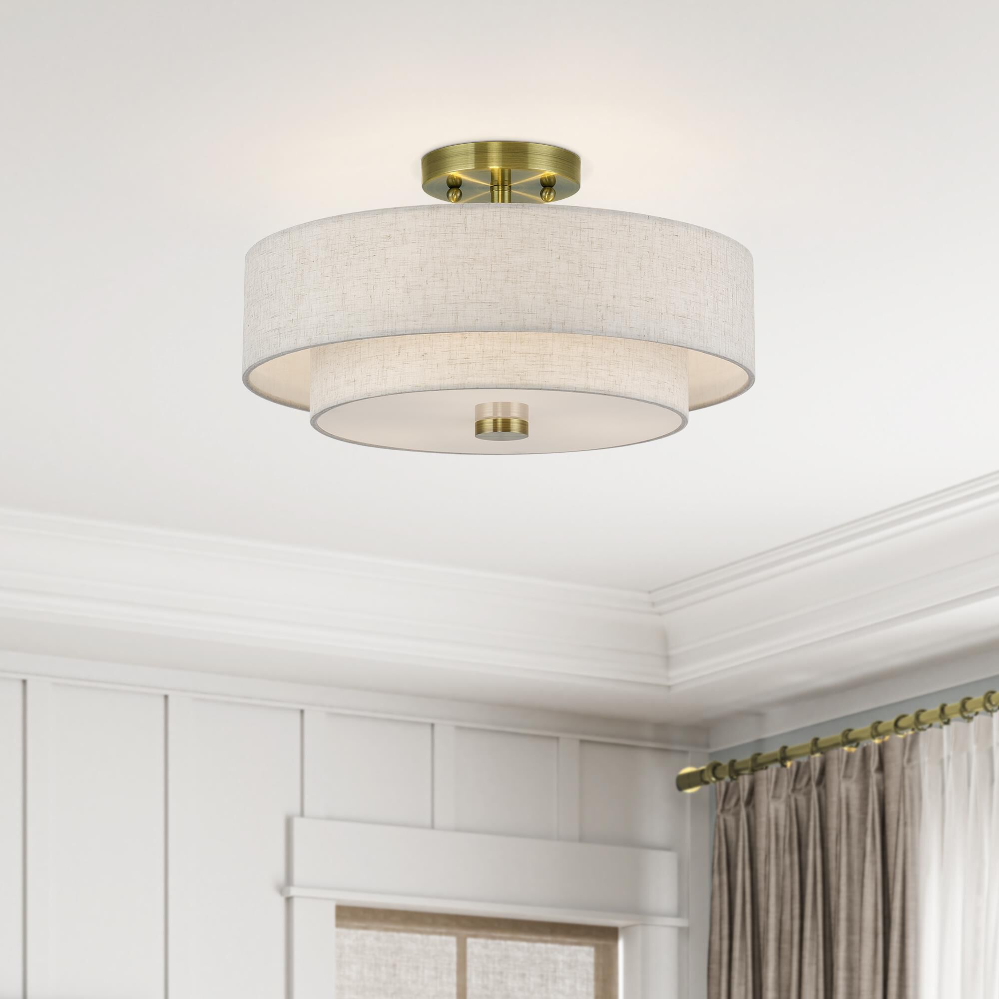 Shown in Antique Brass finish and Hand Crafted Oatmeal Color Fabric with White Color Inside shade