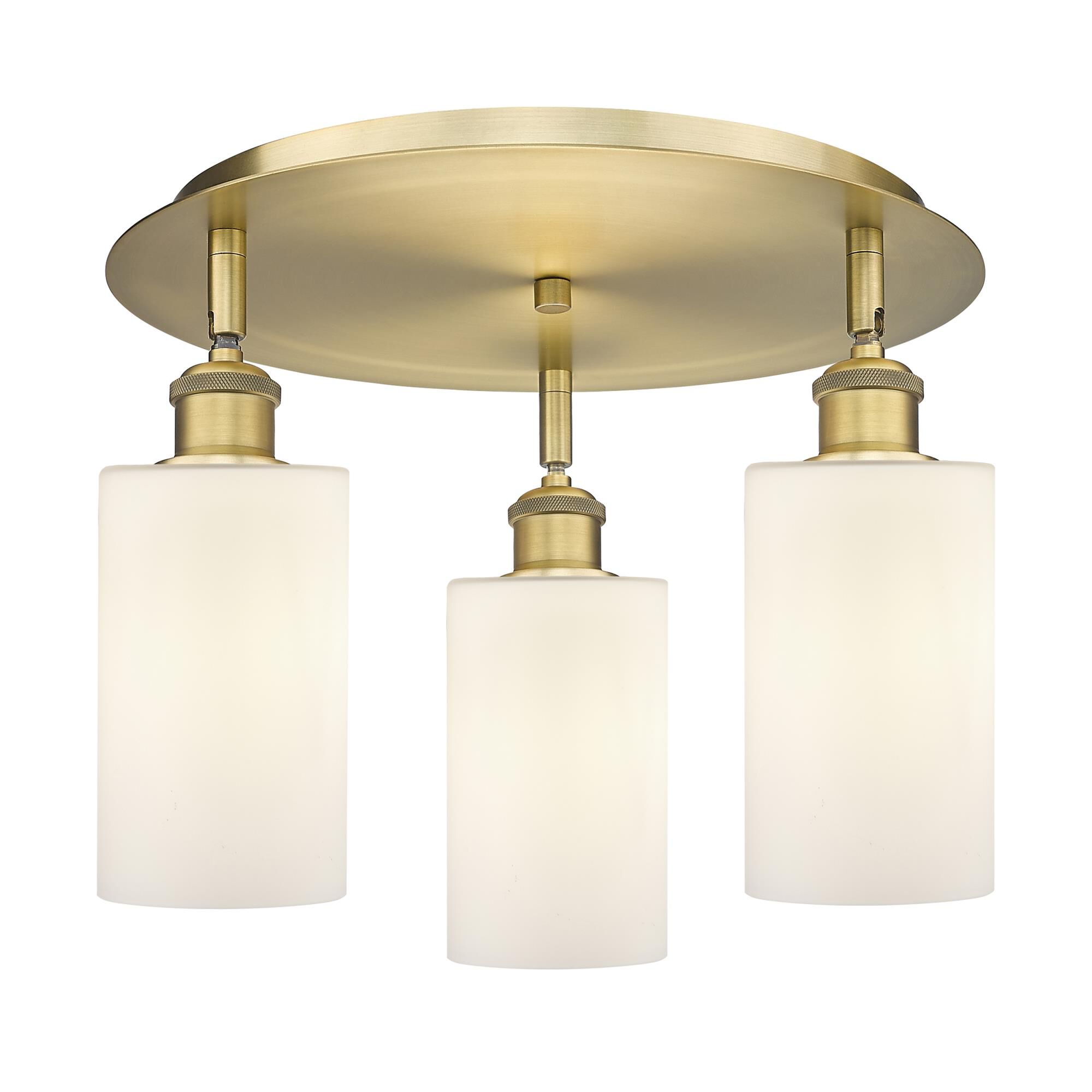 Shown in Brushed Brass finish and Matte White glass