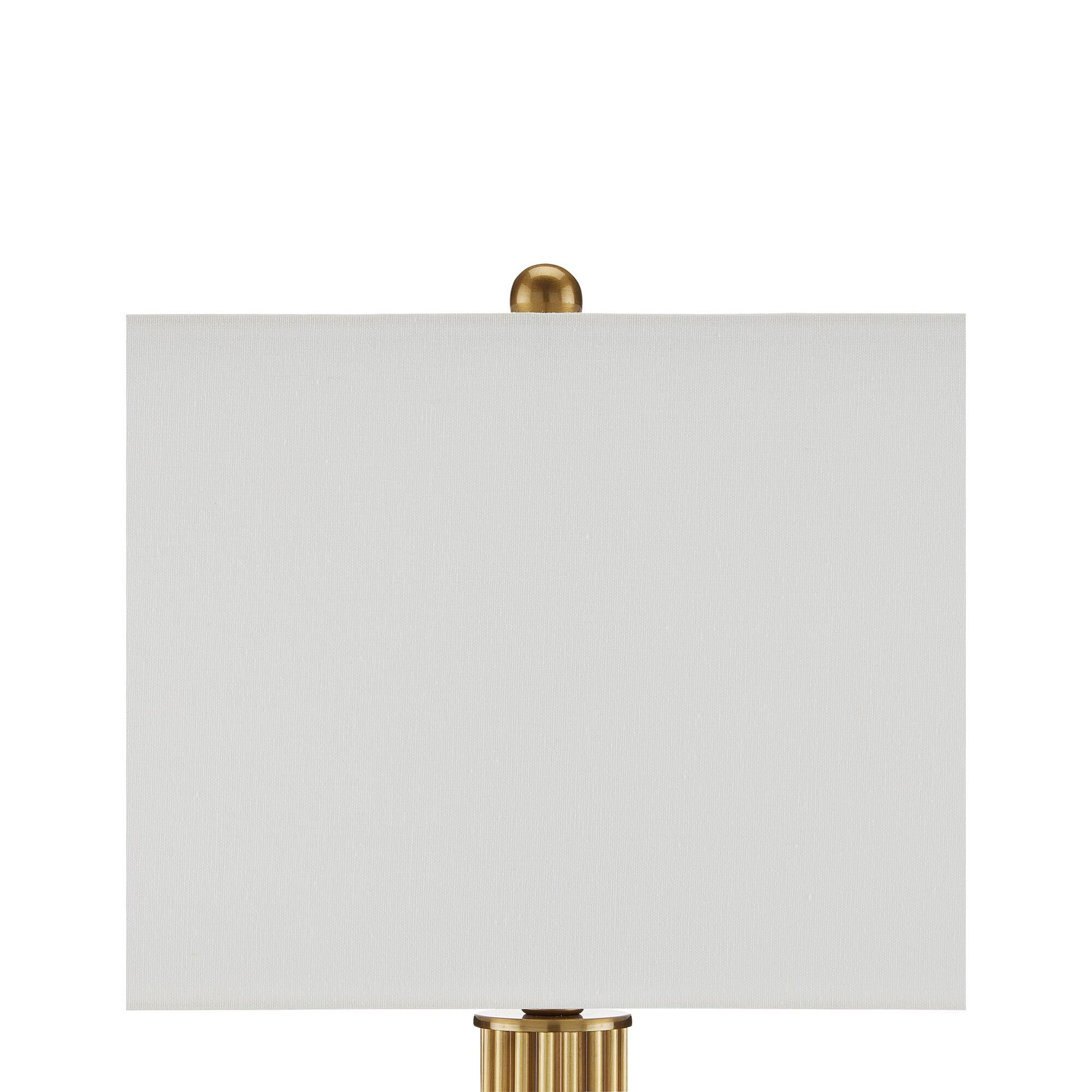 Shown in Antique Brass and White Marble finish and Bone Linen shade