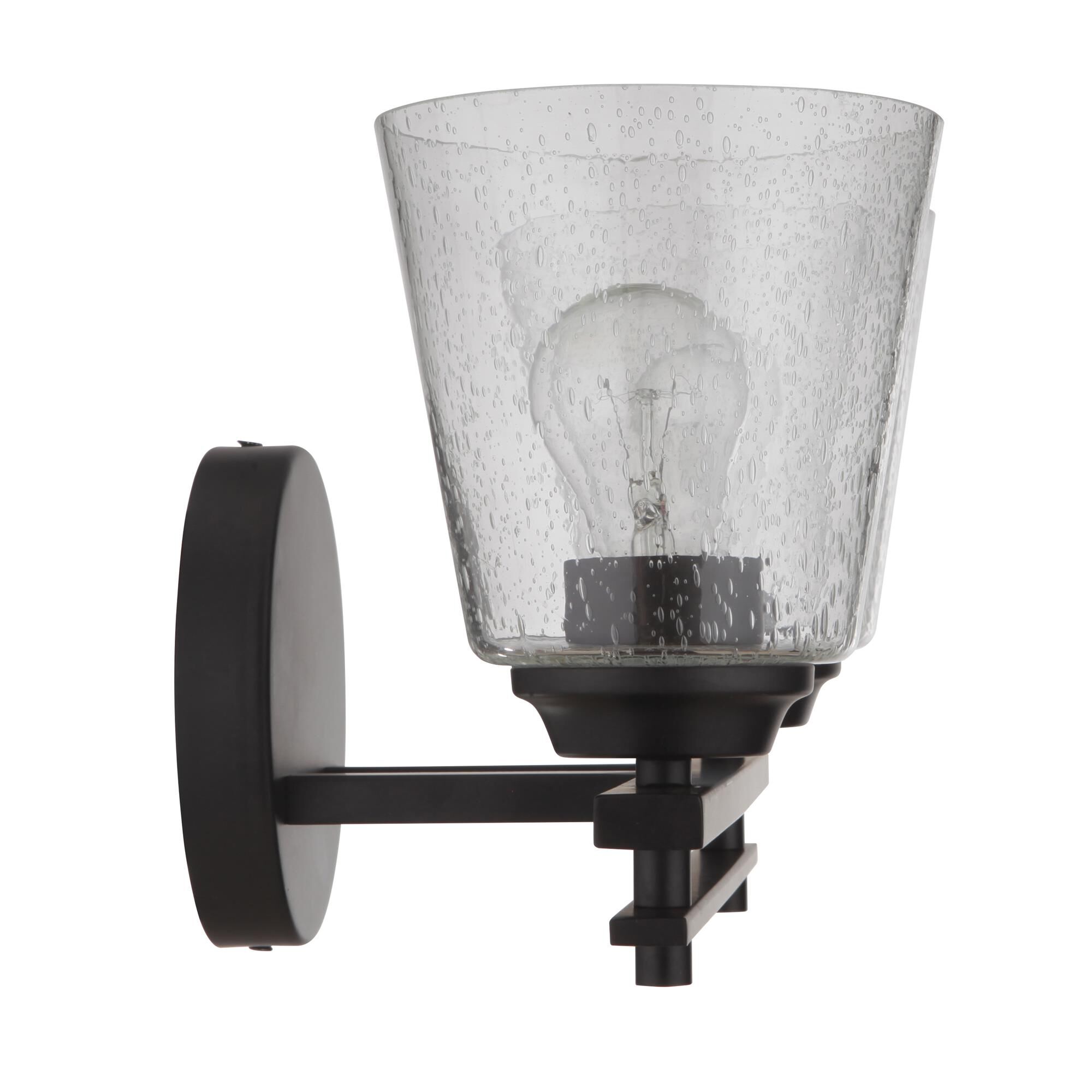 Shown in Flat Black finish and Clear Seeded glass and Glass shade