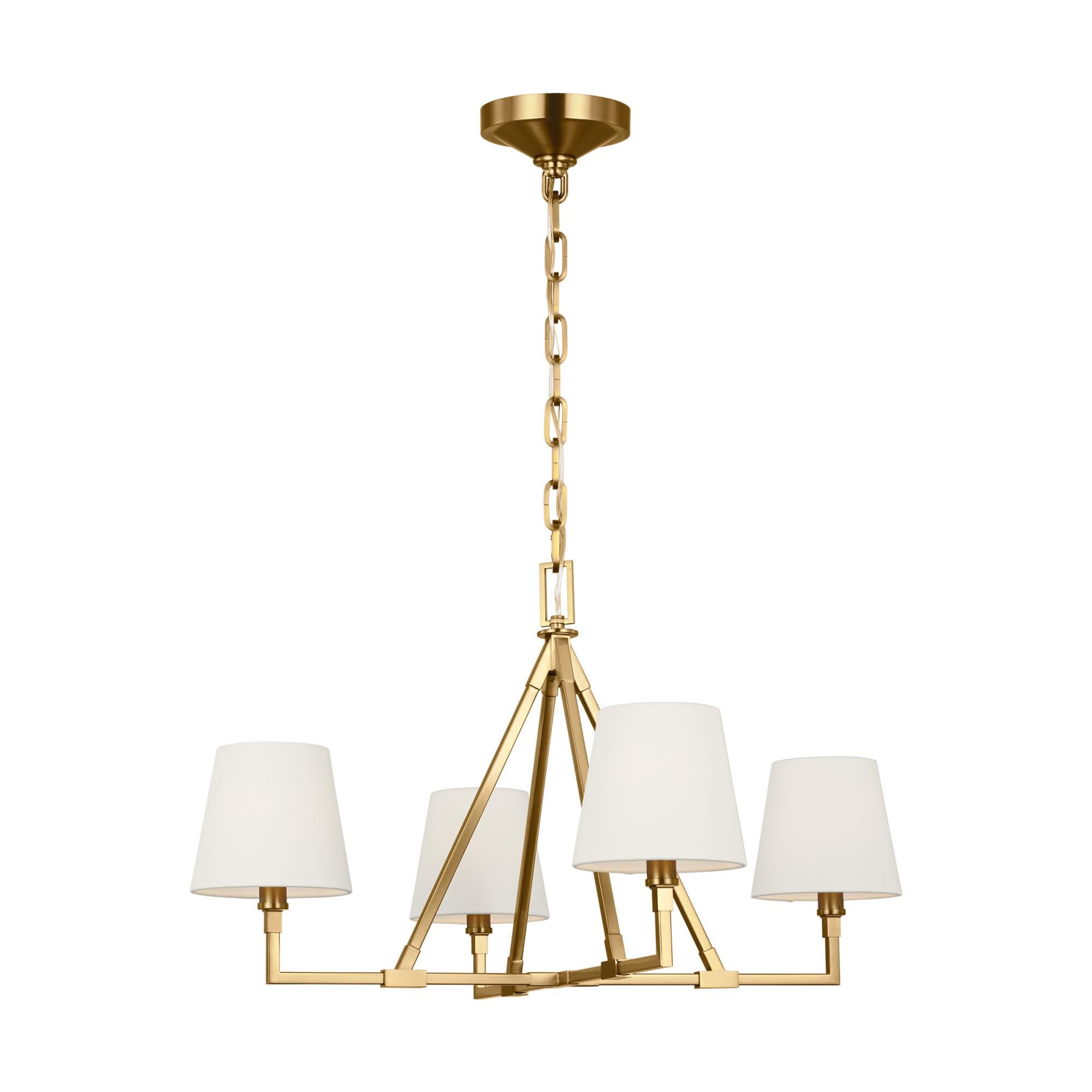 Shown in Burnished Brass finish and White Linen shade