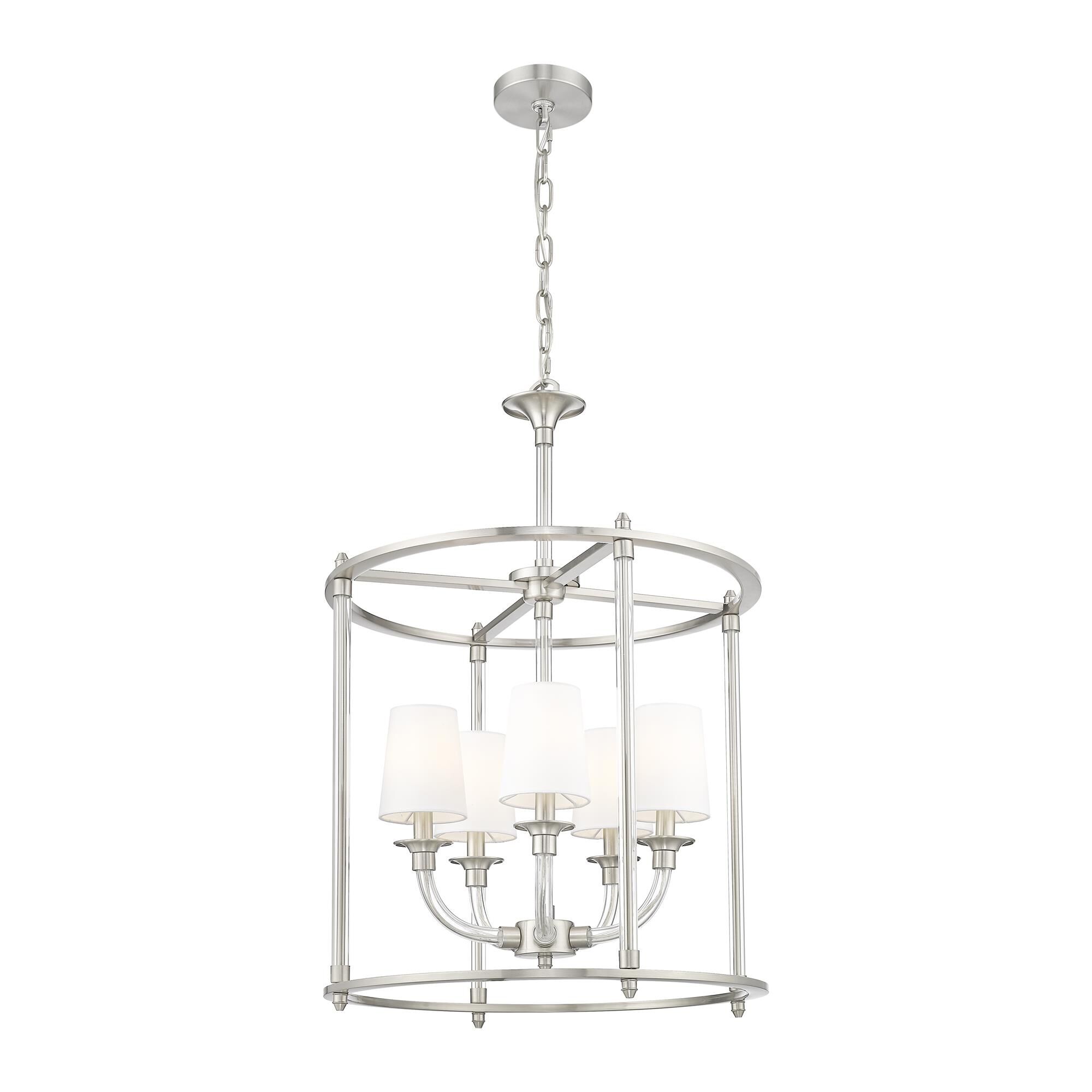 Shown in Brushed Nickel finish and White glass and White shade
