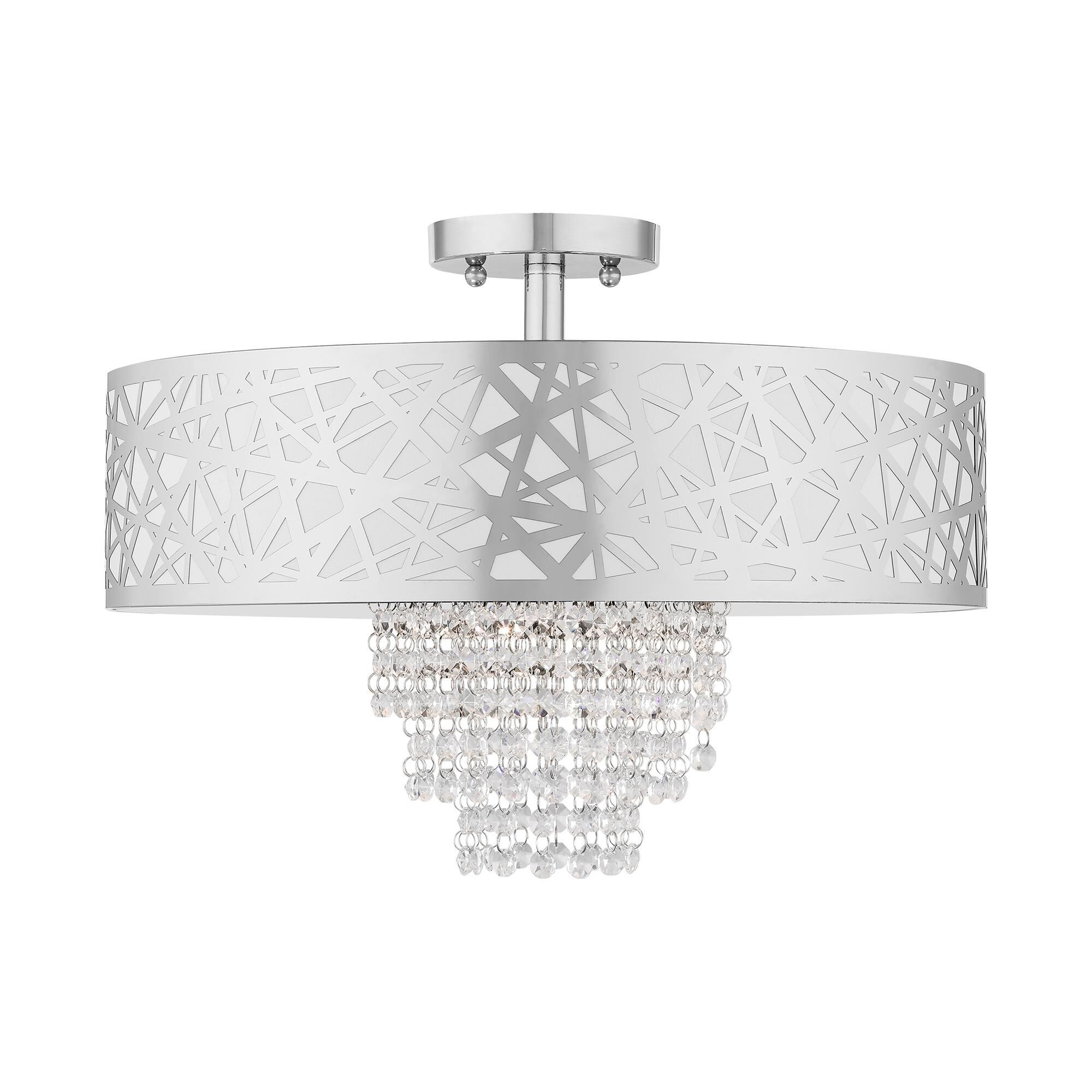 Shown in Polished Chrome finish and Off-White Fabric Hardback  Inside & Clear Crystals shade