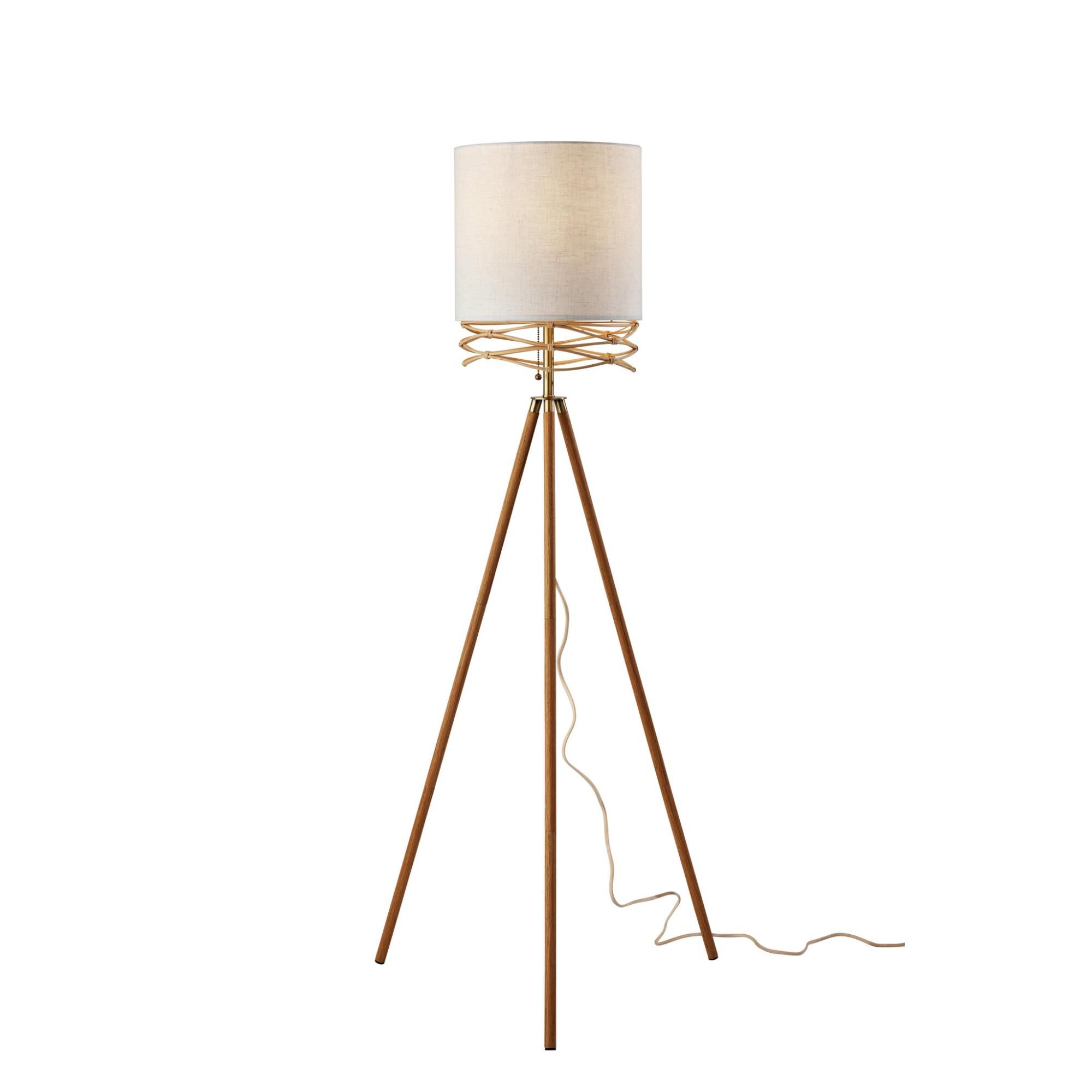 Shown in Natural Wood Veneer & Antique Brass Accents finish and White Textured Fabric shade