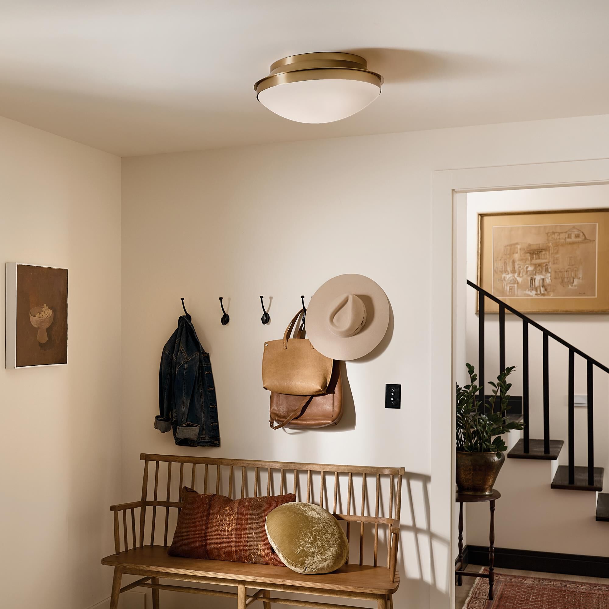 Shown in Brushed Natural Brass finish and Satin Etched Cased Opal glass