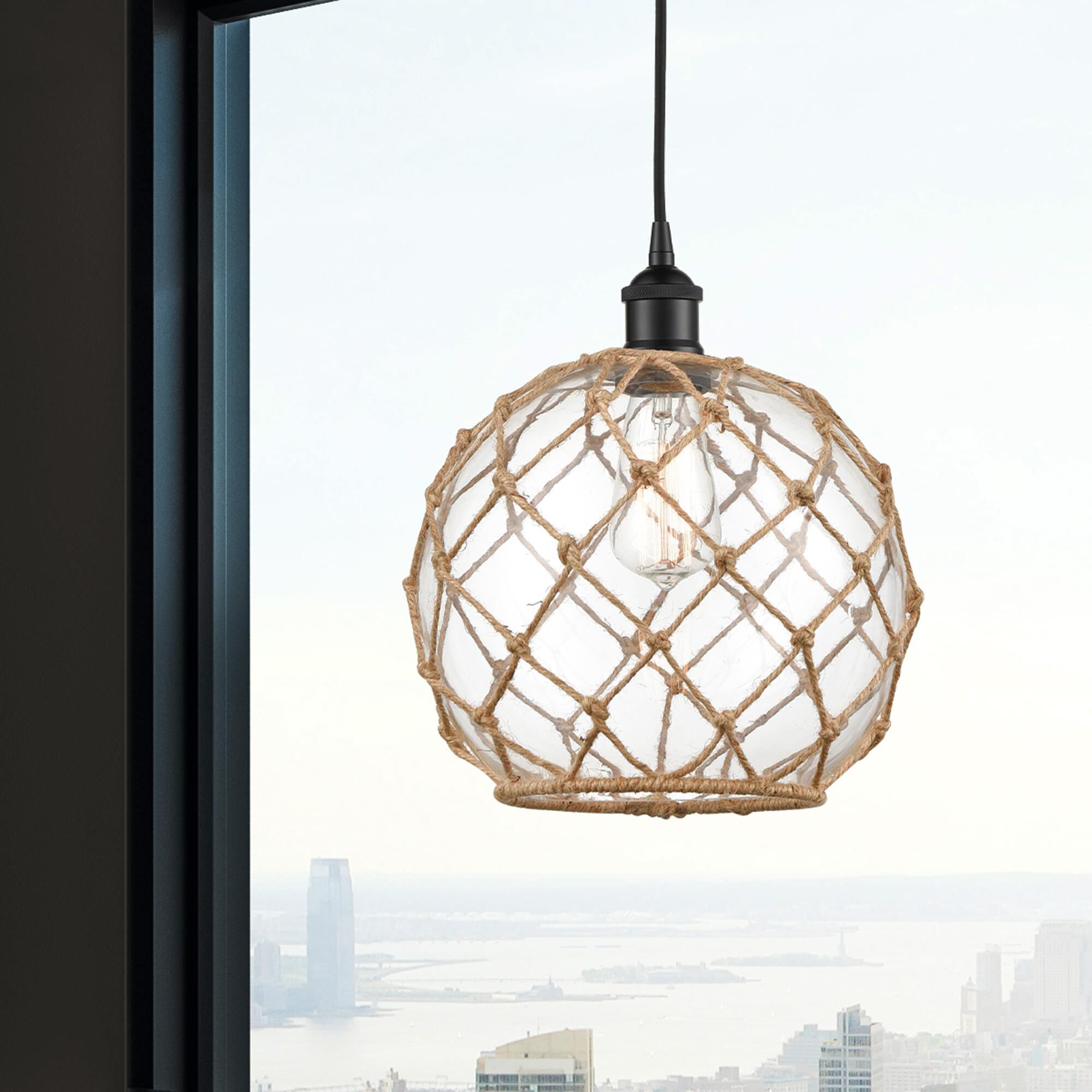 Shown in Matte Black finish and Clear Large Farmhouse With Brown Rope glass