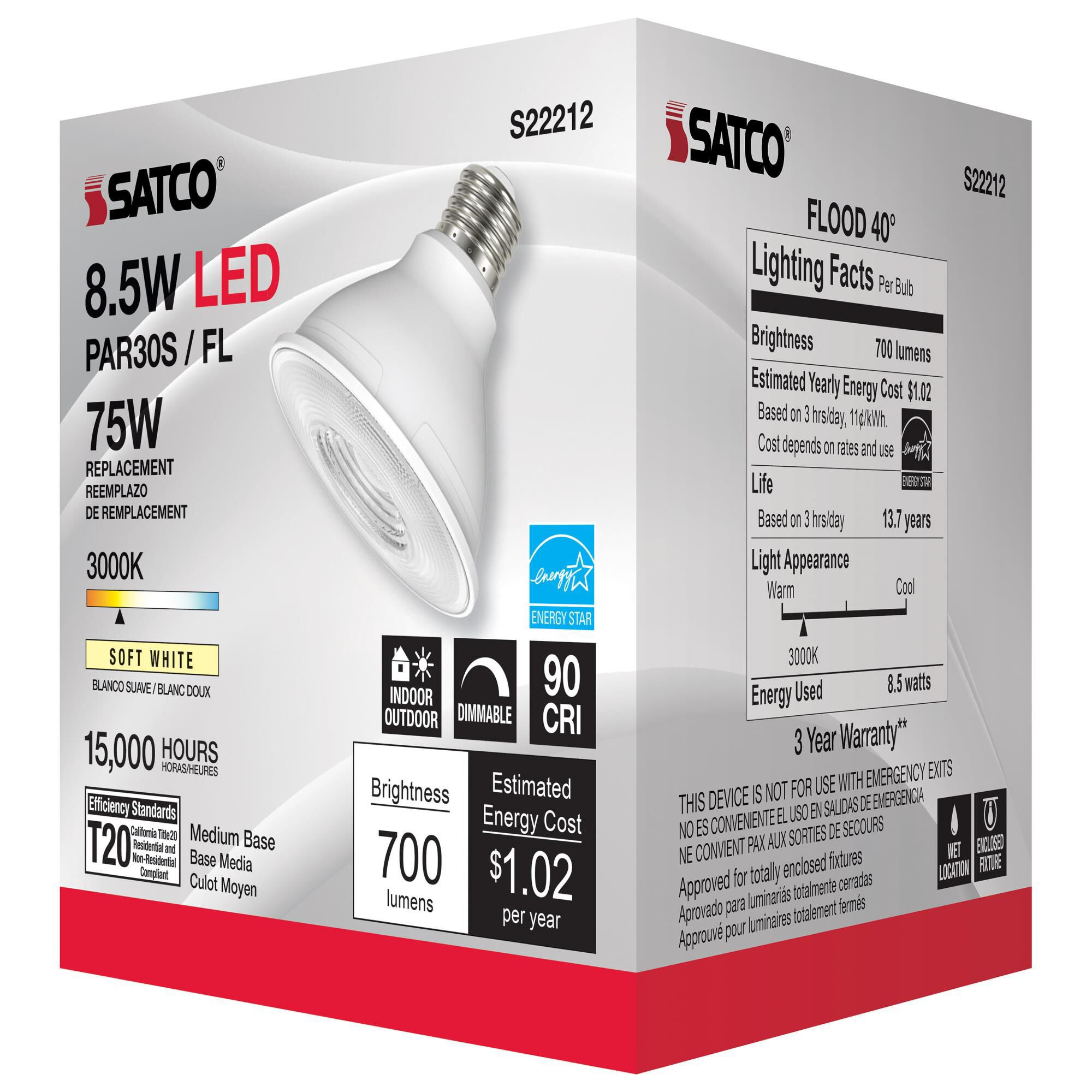 Dimmable 8.5 Watt 3000K PAR30SN LED Light Bulb by Satco