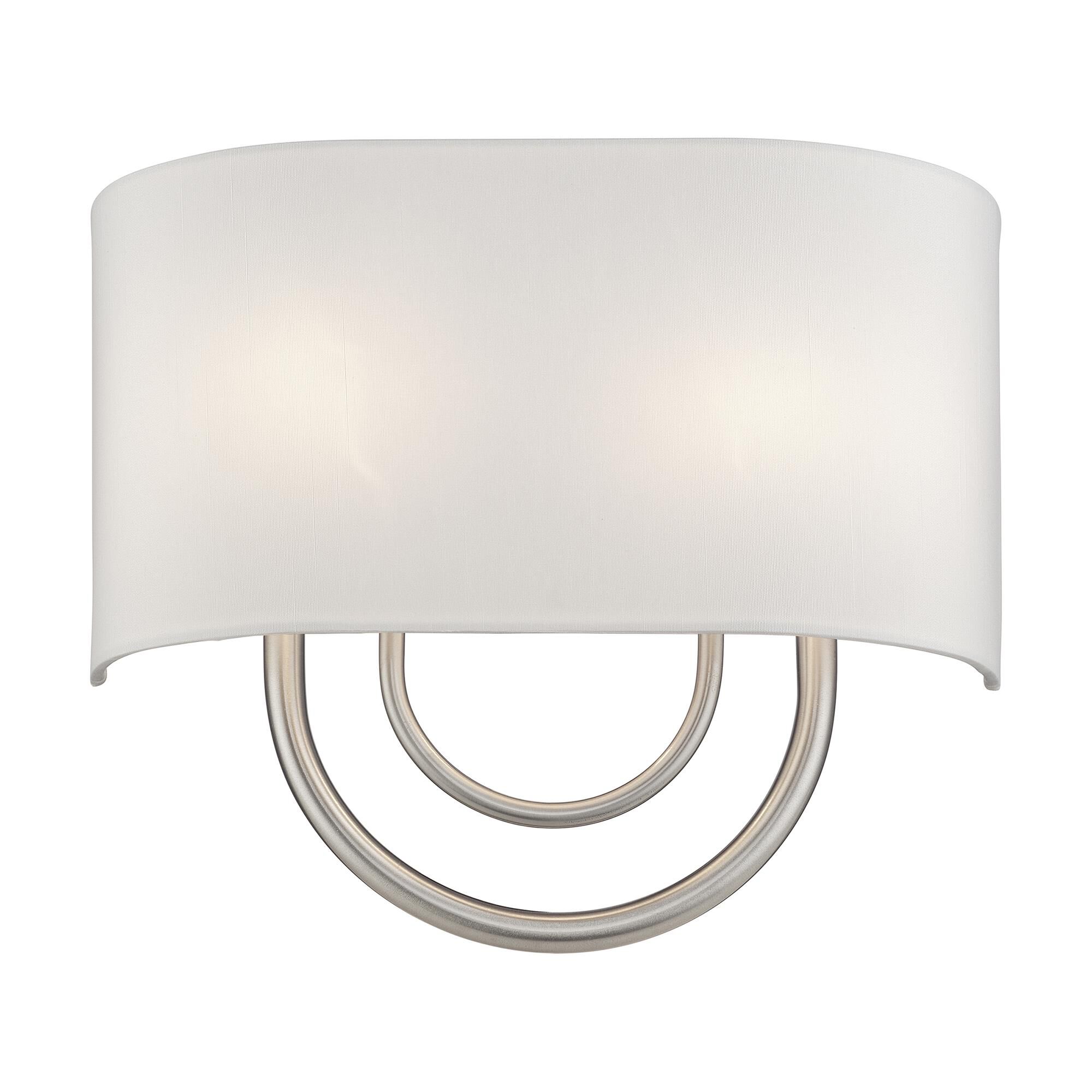 Shown in Brushed Nickel finish and Hand Crafted Off-White Fabric Hardback with White Fabric Inside shade