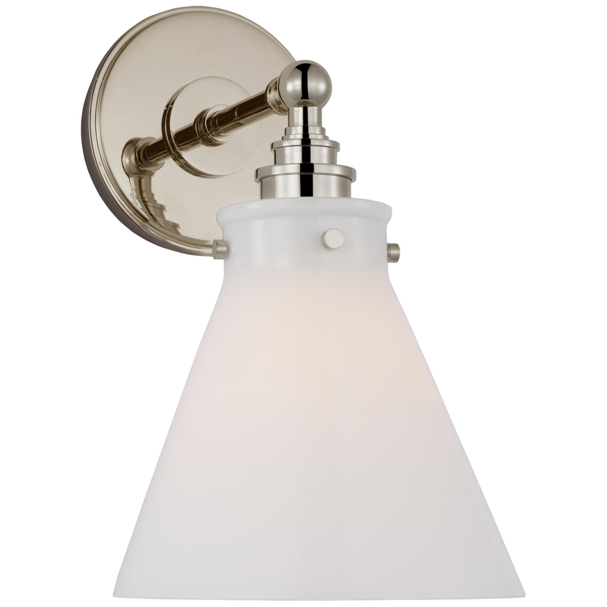 Shown in Polished Nickel finish and White glass