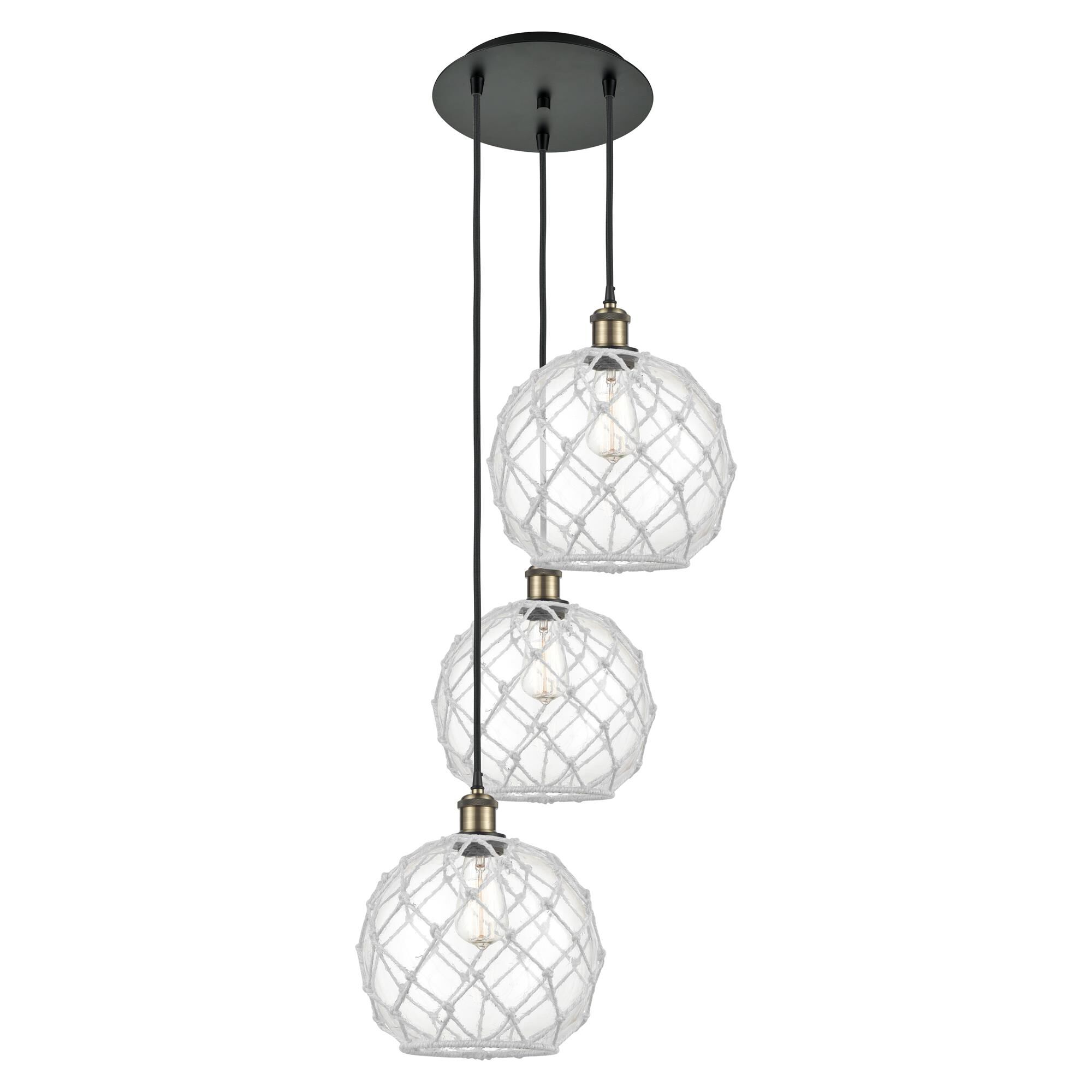 Shown in Black Antique Brass finish and Clear with White Rope glass
