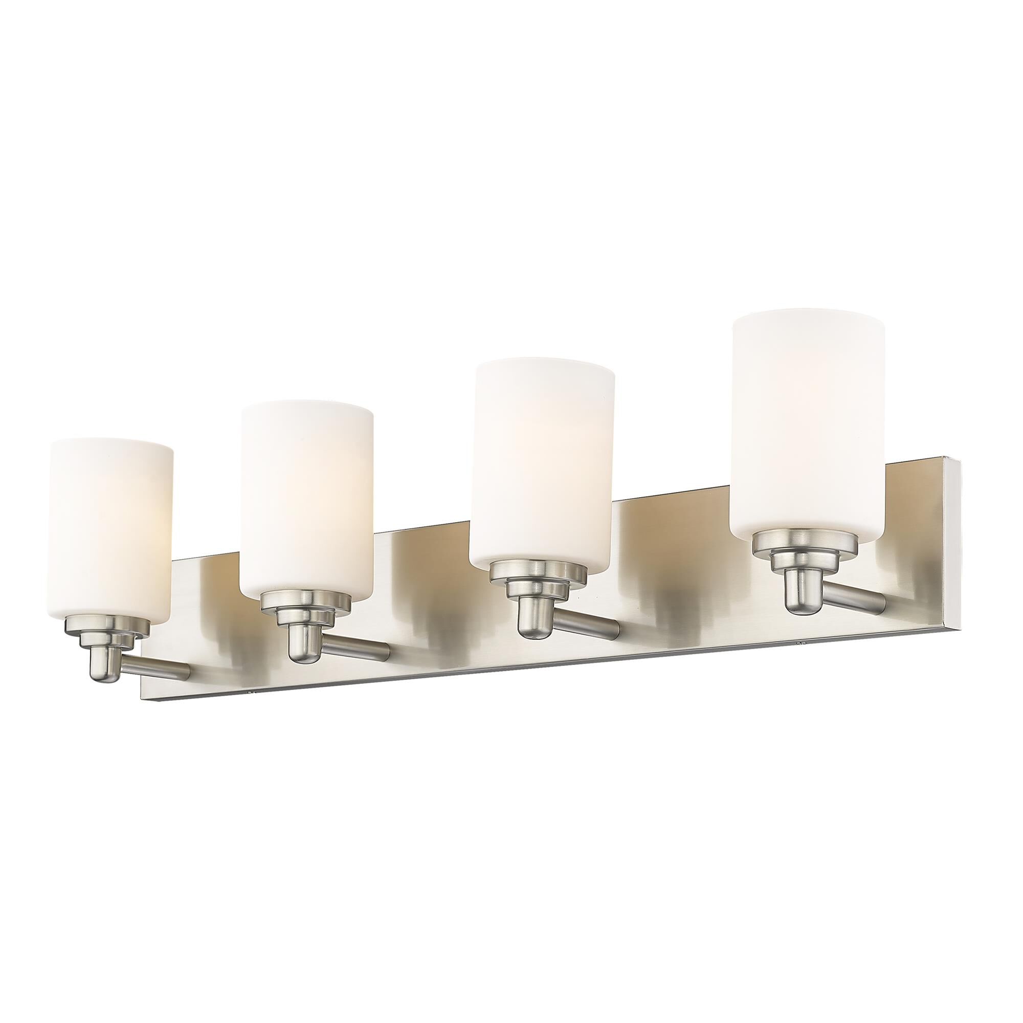 Shown in Brushed Nickel finish and White glass