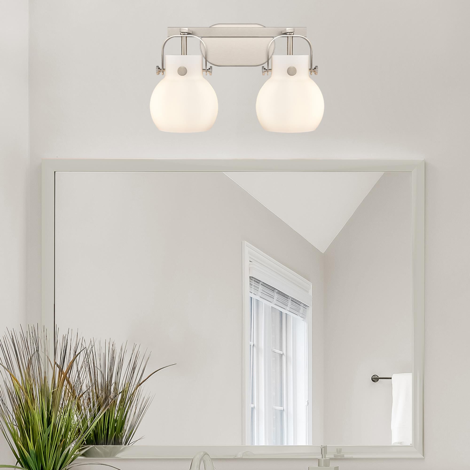 Shown in Satin Nickel finish and Matte White glass