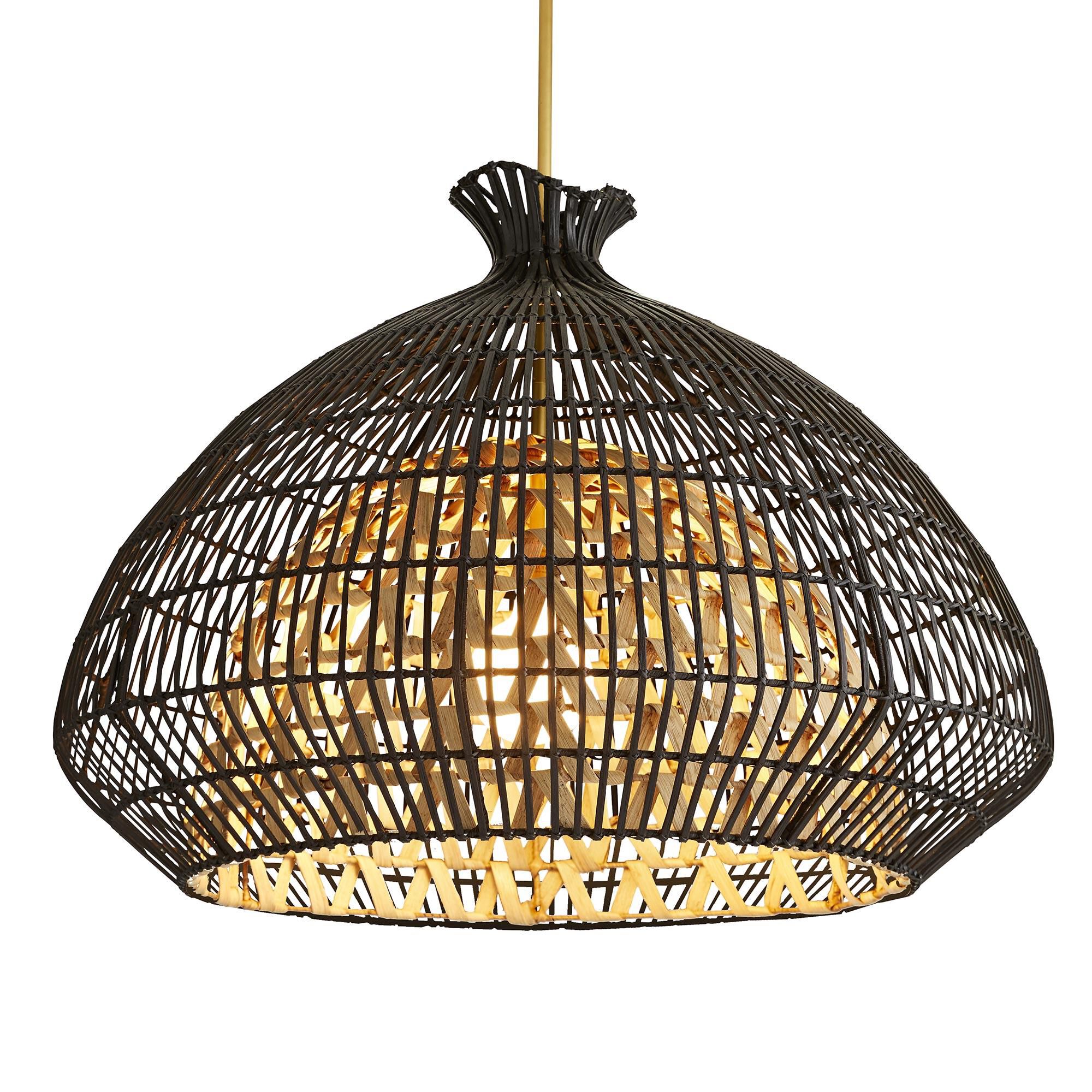 Shown in Antique Brass finish and Black Rattan Outer - Natural Rattan Inner shade