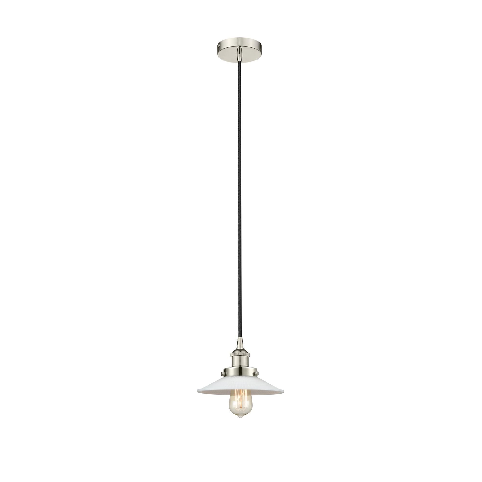 Shown in Polished Nickel finish and White glass
