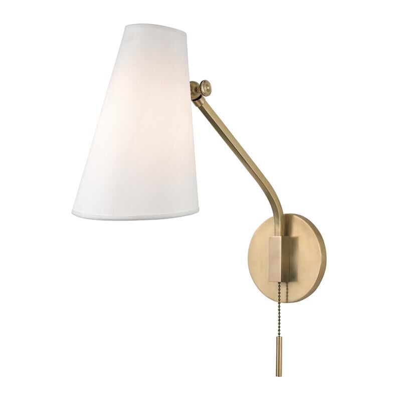 Shown in Aged Brass finish and White Silk shade