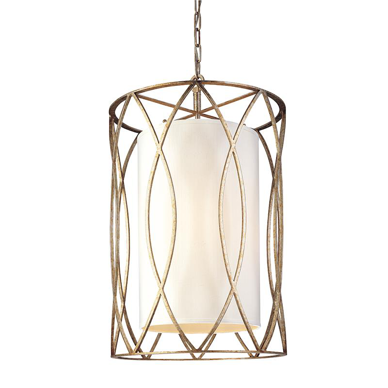 Shown in Silver Gold finish and Bronze Leaf glass and Hardback Linen shade