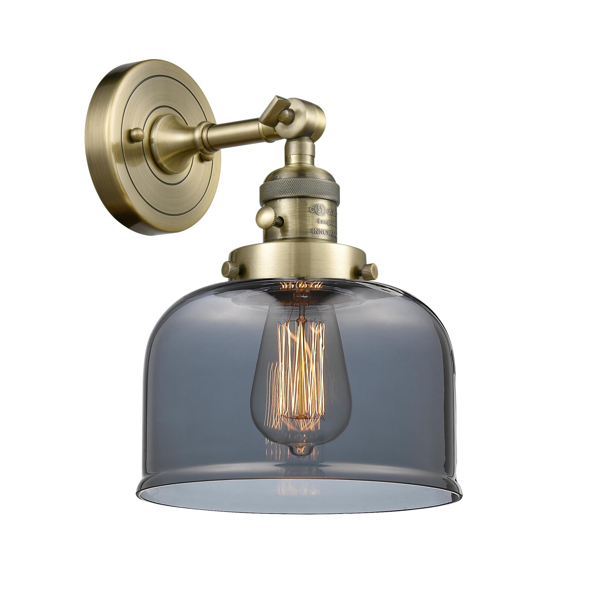 Shown in Antique Brass finish and Plated Smoked Large Bell glass and Switch on Socket accent