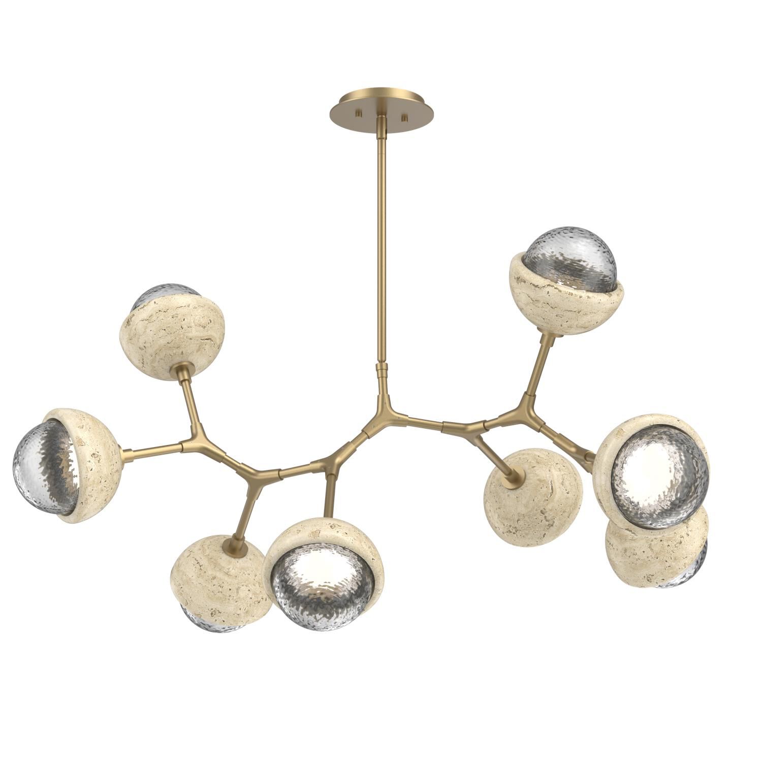 Shown in Gilded Brass finish and Clear glass and Travertine Stone accent