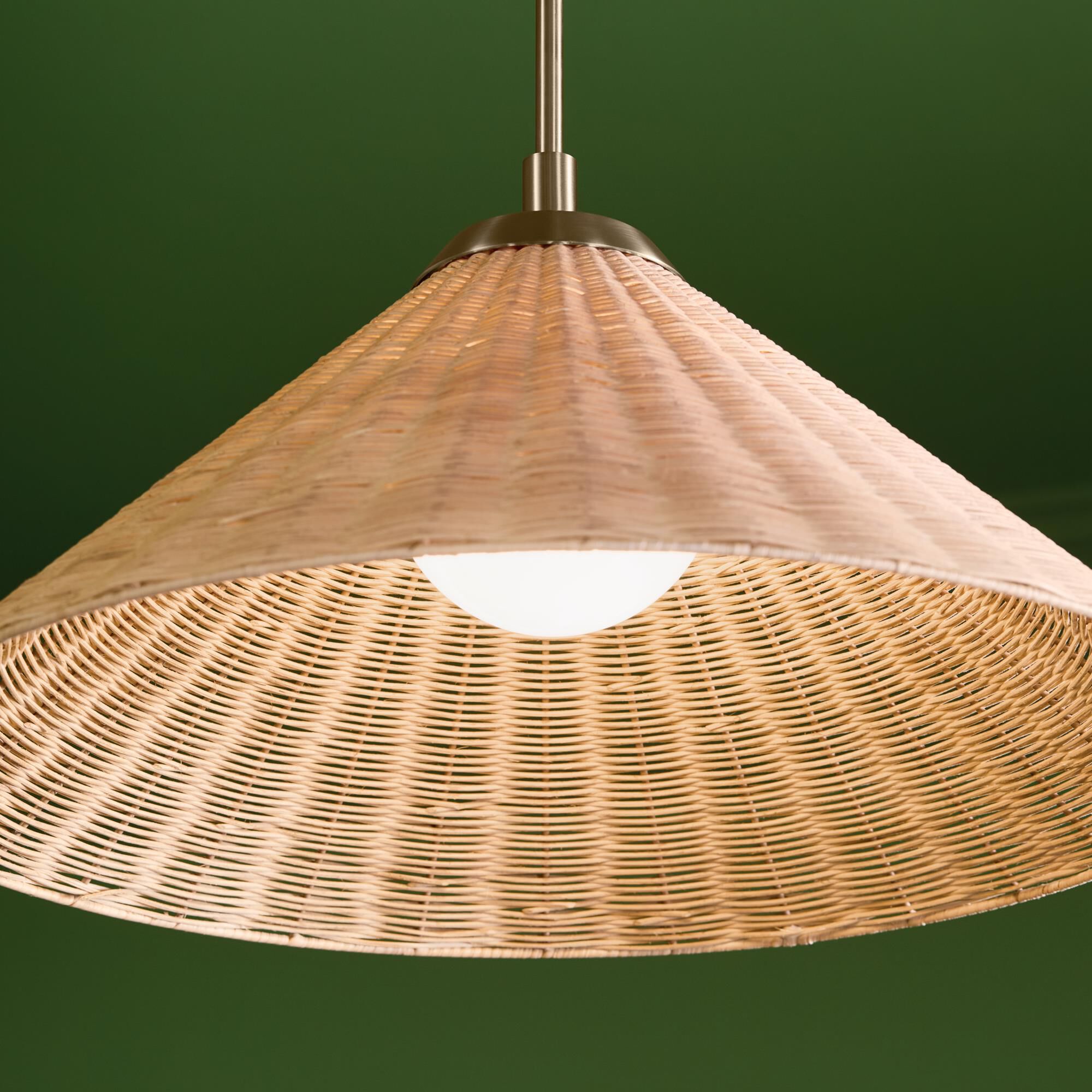 Shown in Champagne Bronze finish and Opal glass and Rattan Textured shade