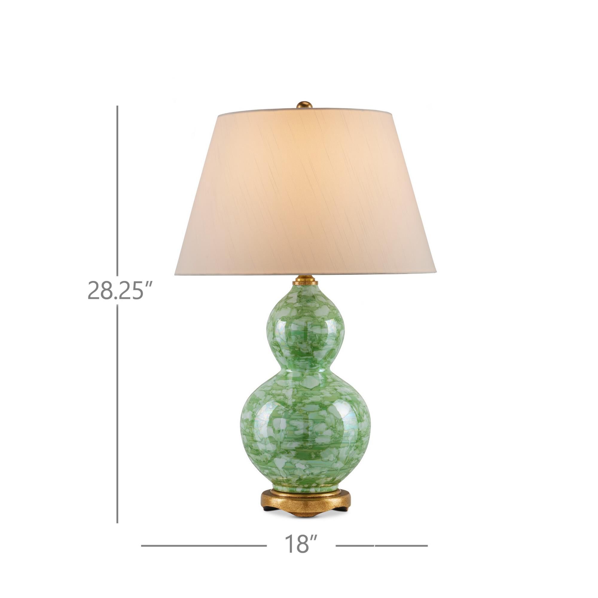 Shown in Green, Textured Antique Gold Leaf finish and Off-White Linen shade