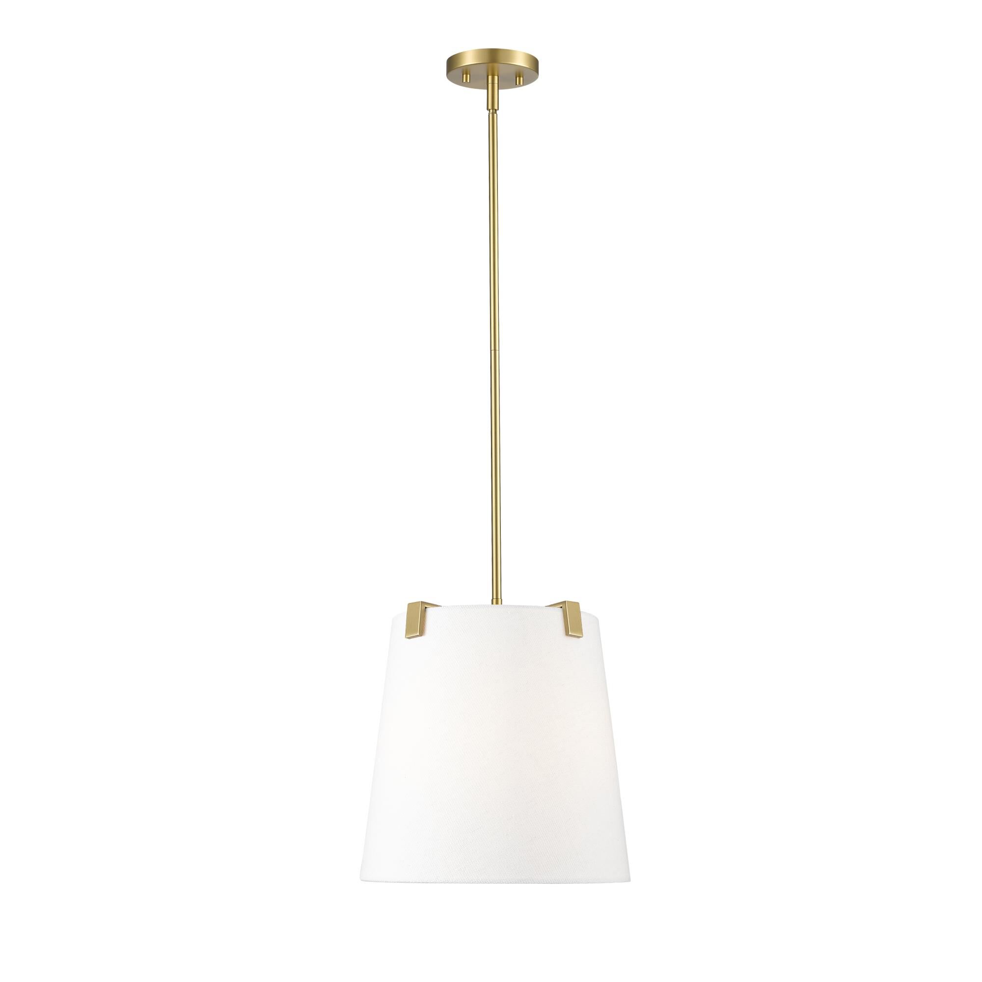 Shown in Modern Gold finish and White Linen glass and White Linen shade