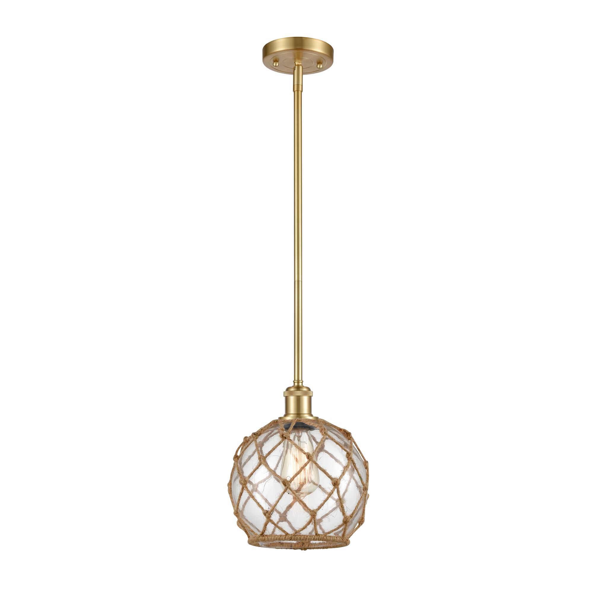 Shown in Satin Gold finish and Clear Farmhousewith Brown Rope glass