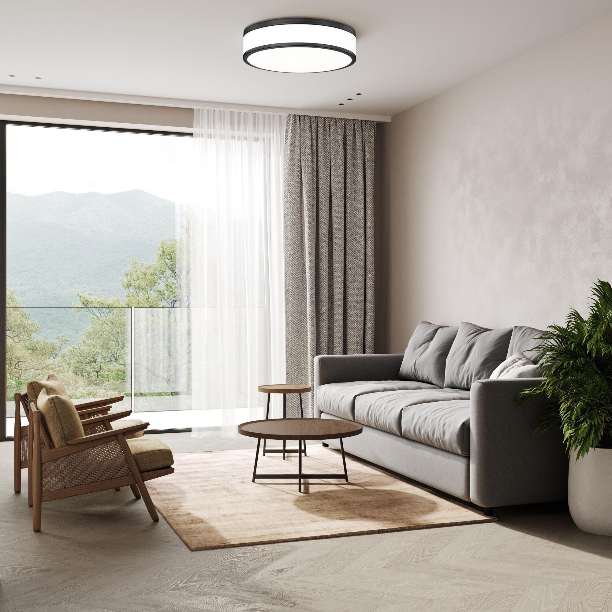 Shown in Matte Black finish and Frosted glass and Frosted shade