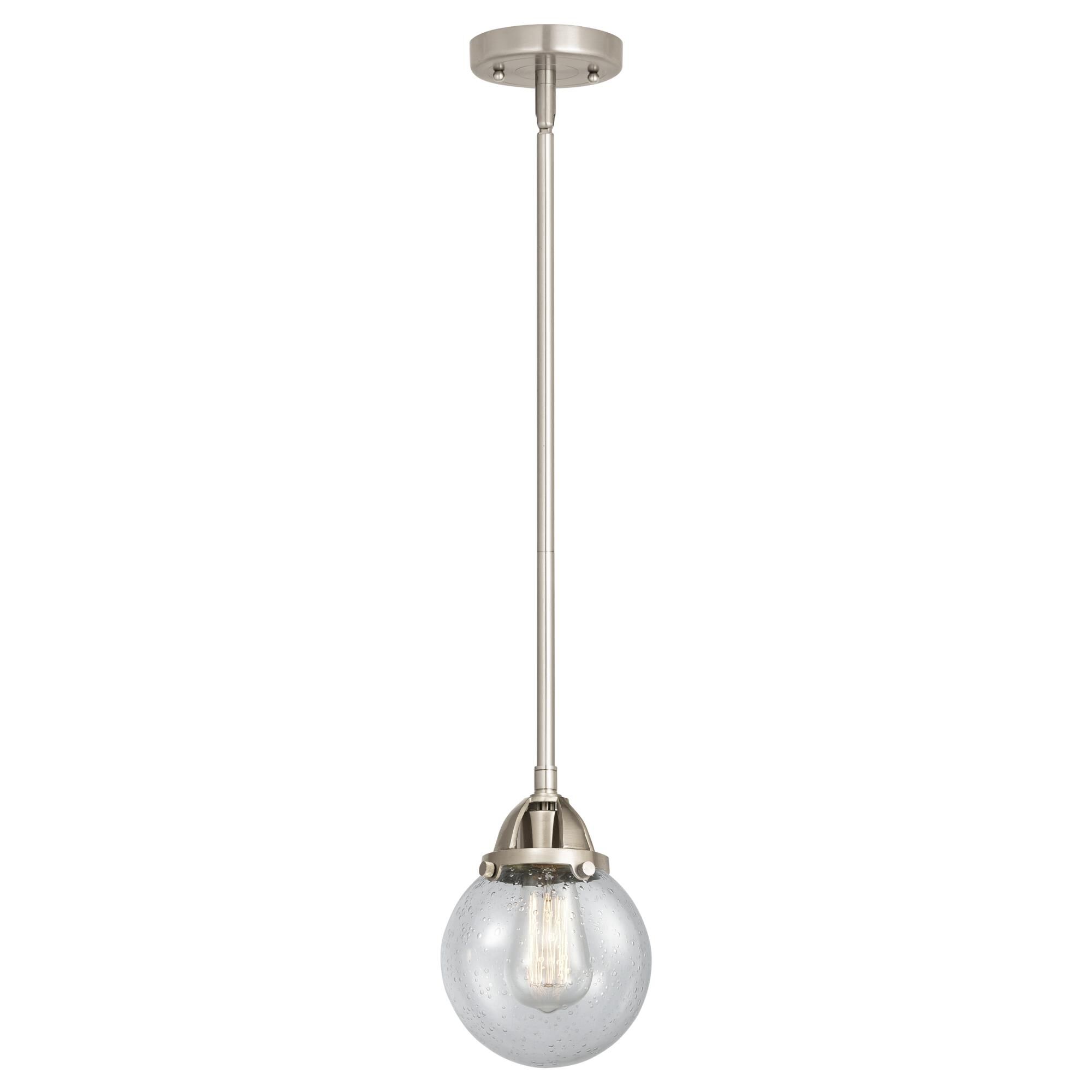 Shown in Brushed Satin Nickel finish and Seedy Globe glass and No Shade shade