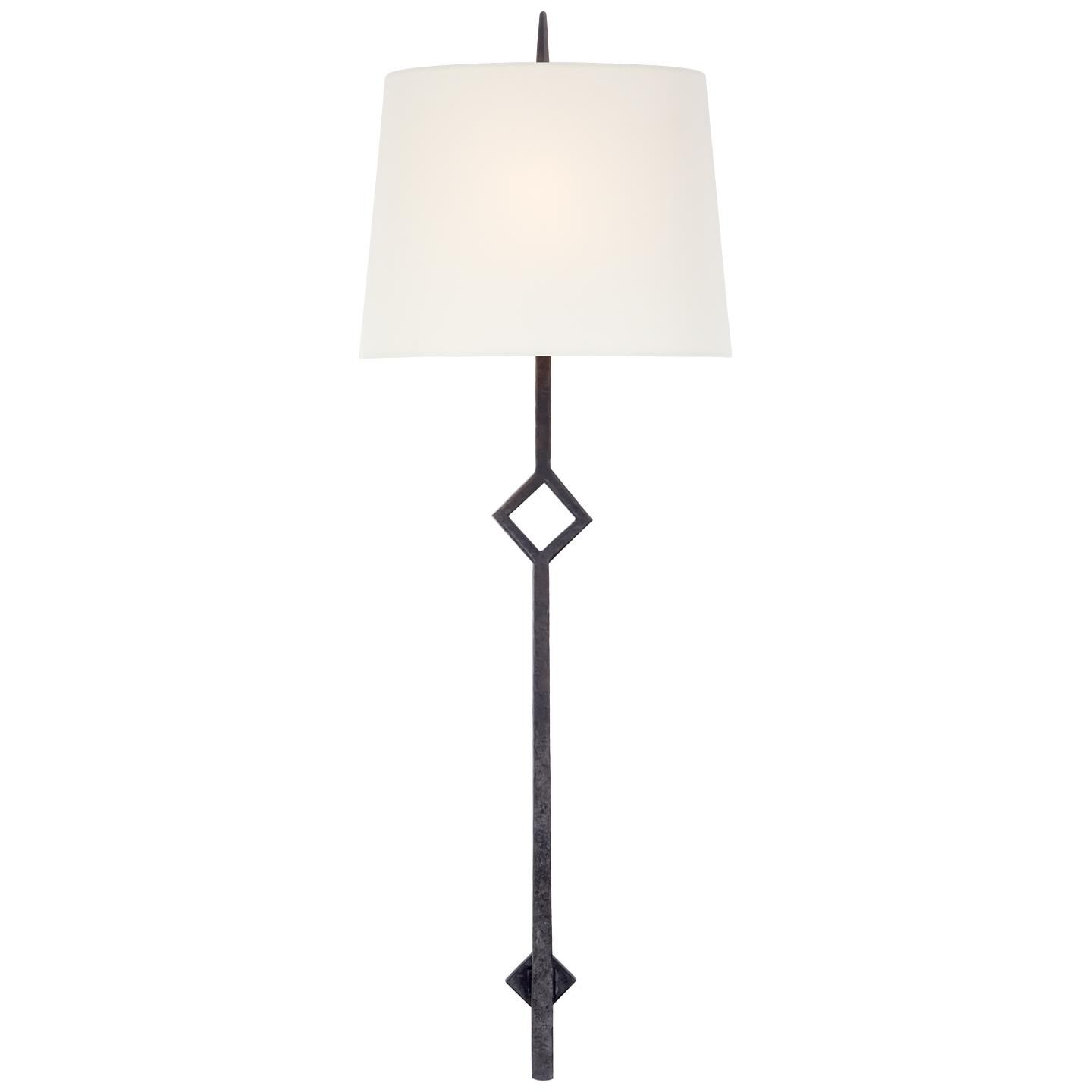 Shown in Aged Iron finish and Linen Shield shade