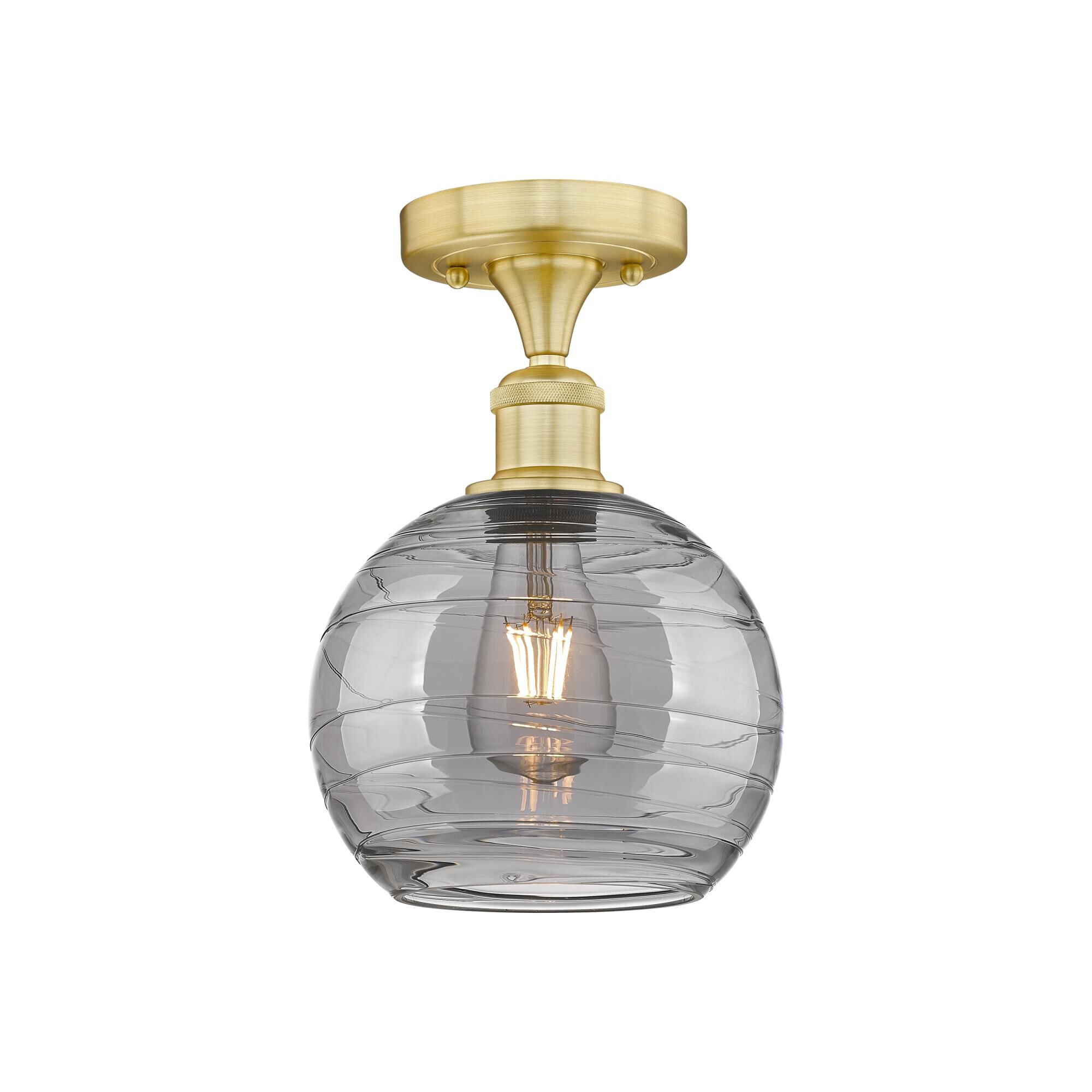 Shown in Satin Gold finish and Light Smoke Deco Swirl glass