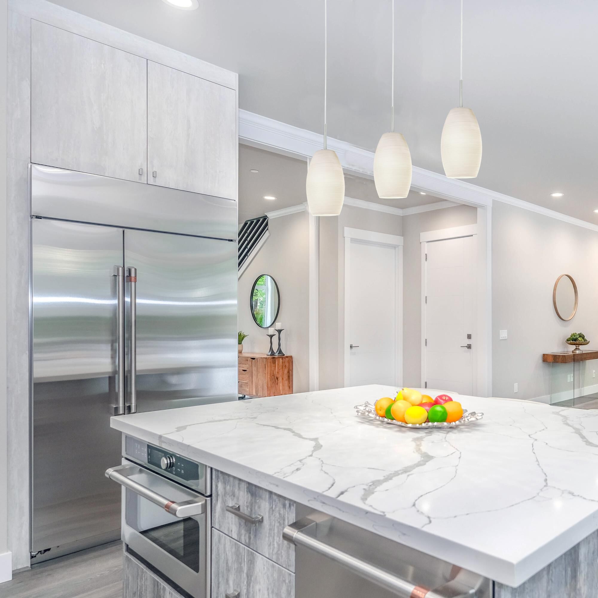 Shown in Matte Nickel finish and White glass