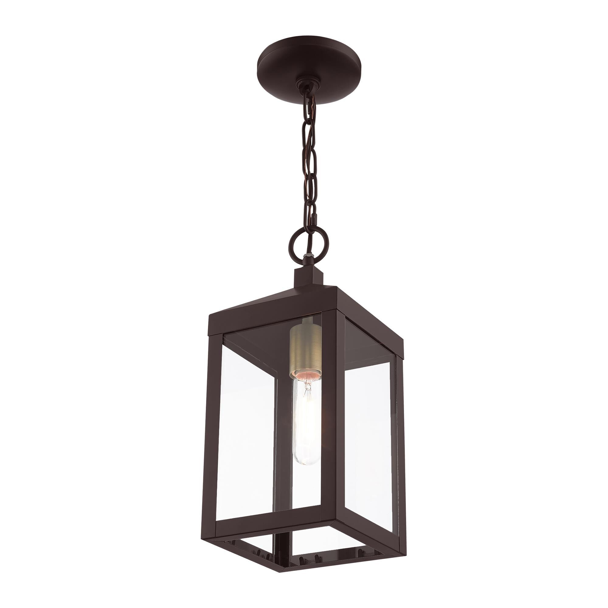 Shown in Bronze With Antique Brass Cluser finish and Clear glass and Clear Glass shade