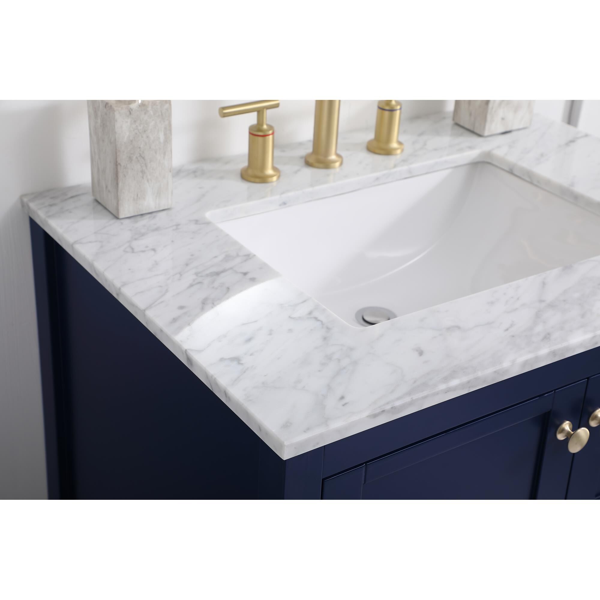 Shown in Blue And Gold With Carrara White Marble finish