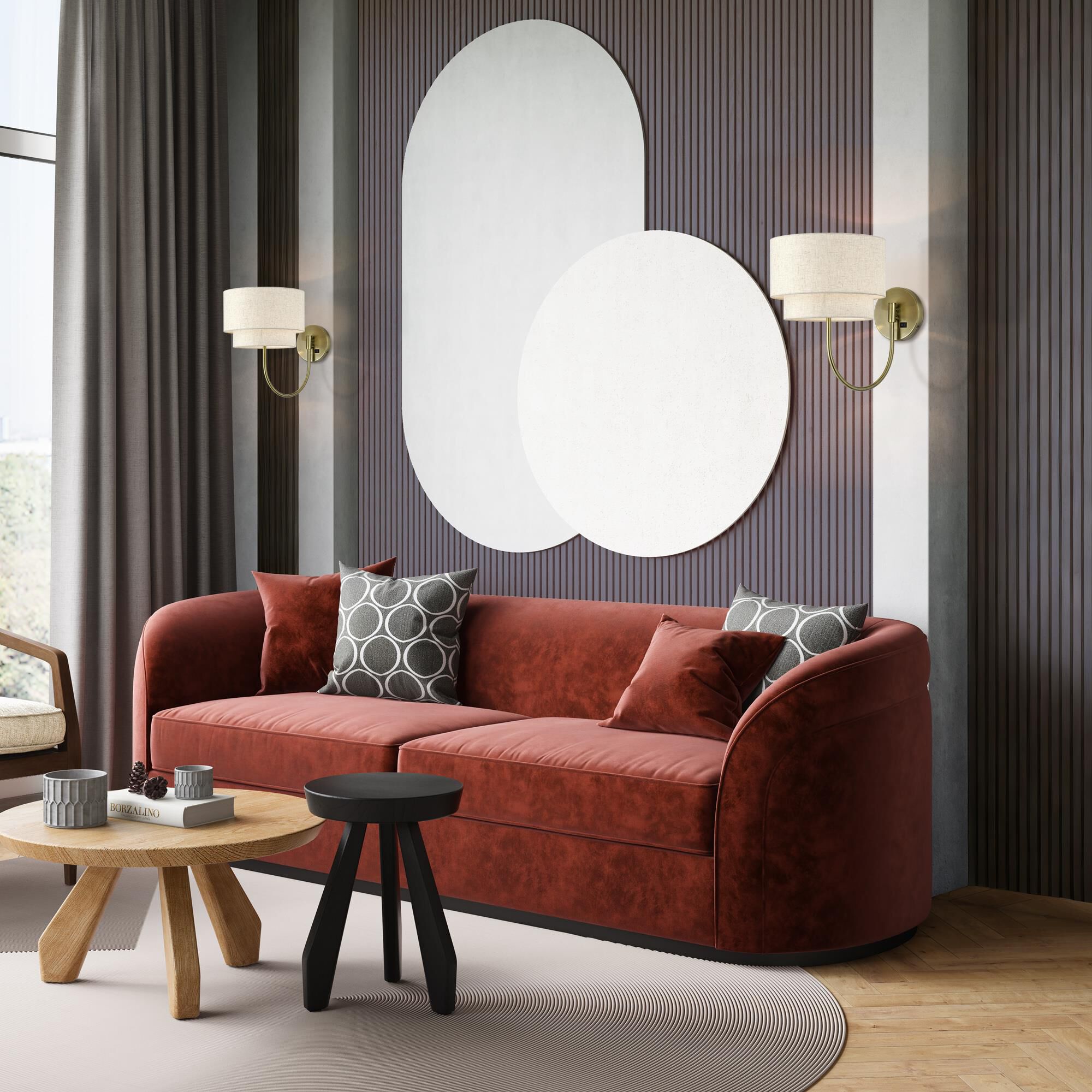 Shown in Antique Brass finish and Hand Crafted Oatmeal Color Fabric with White Color Inside shade