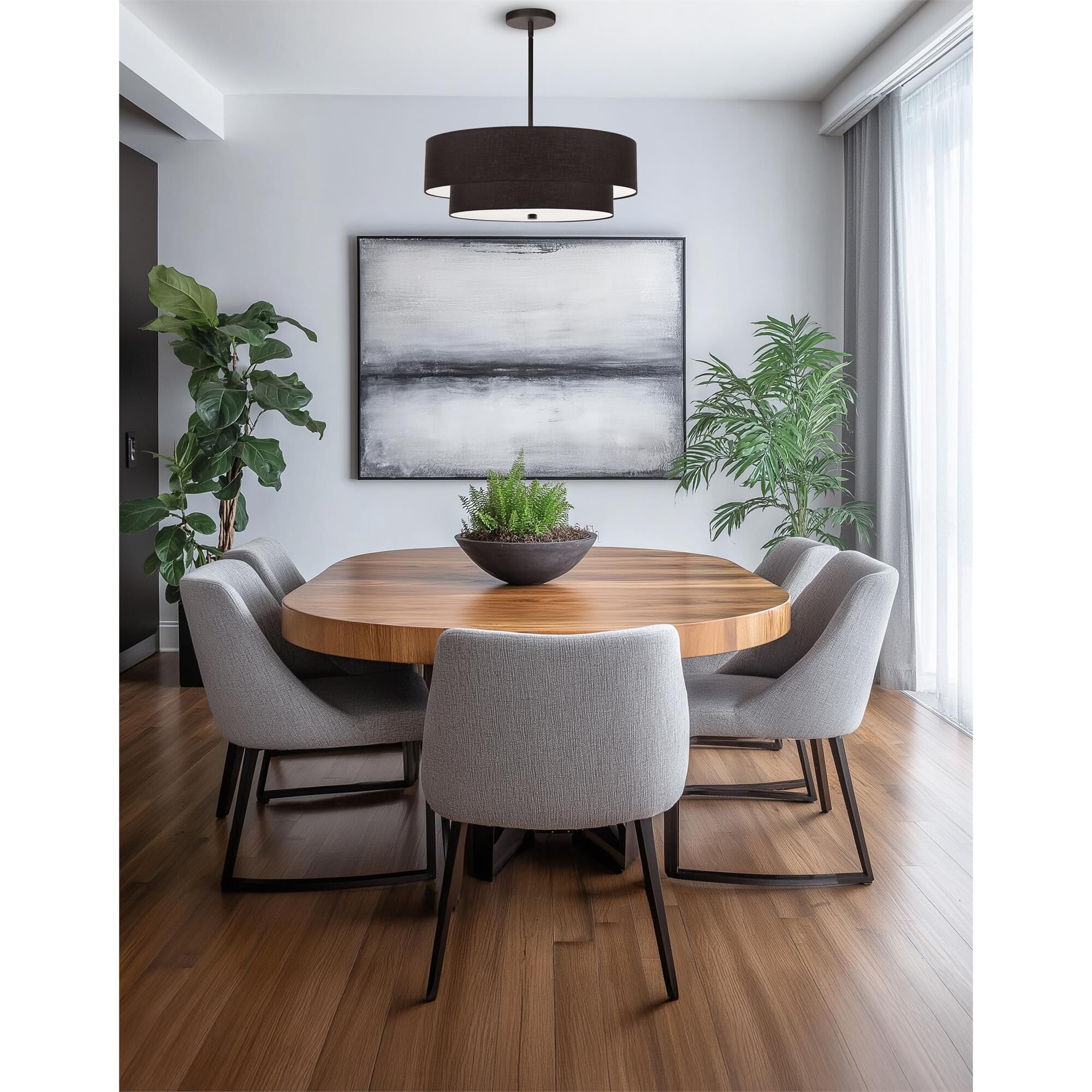 Shown in Matte Black and Black finish and Black Fabric Drum shade