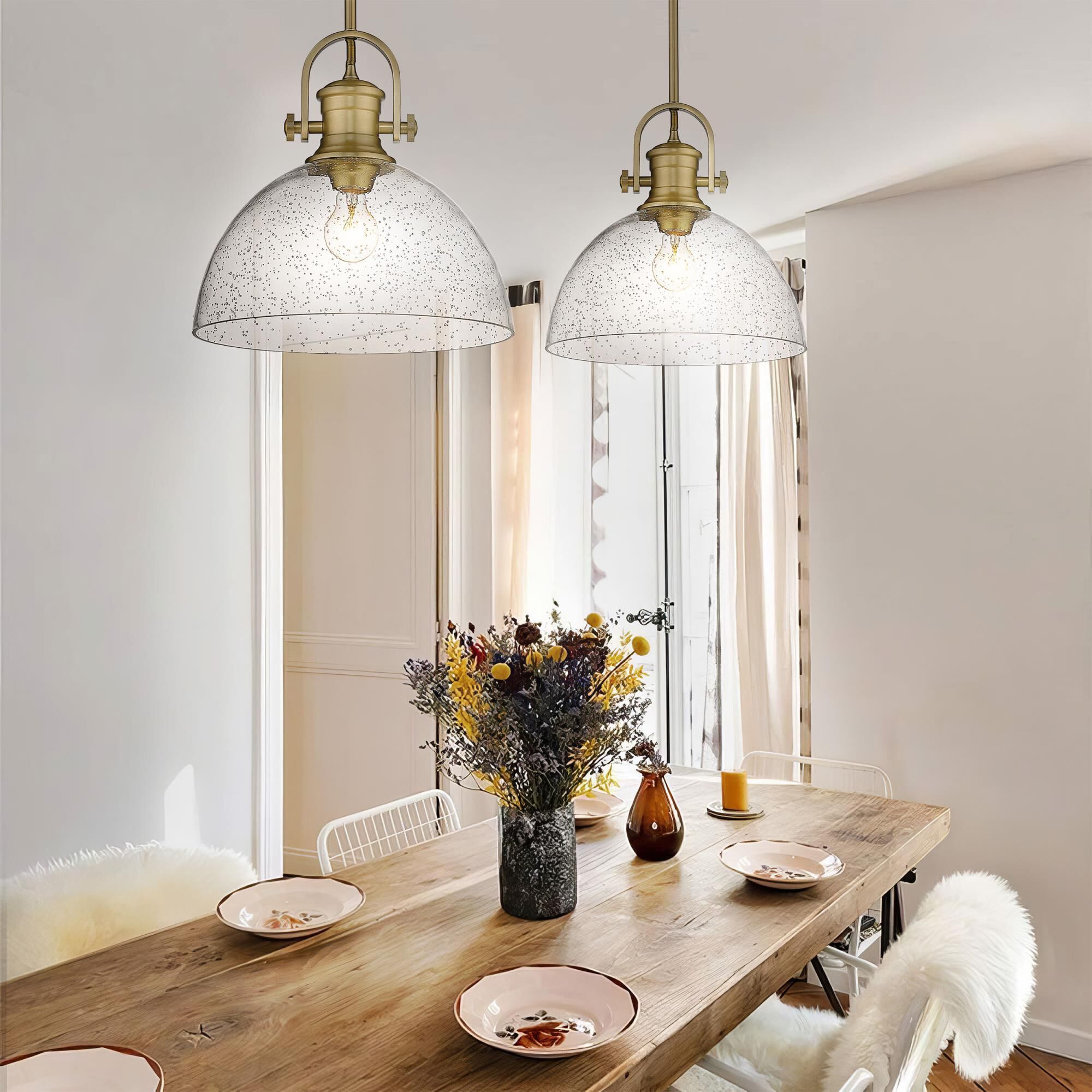 Shown in Brushed Champagne Bronze finish and Seeded glass