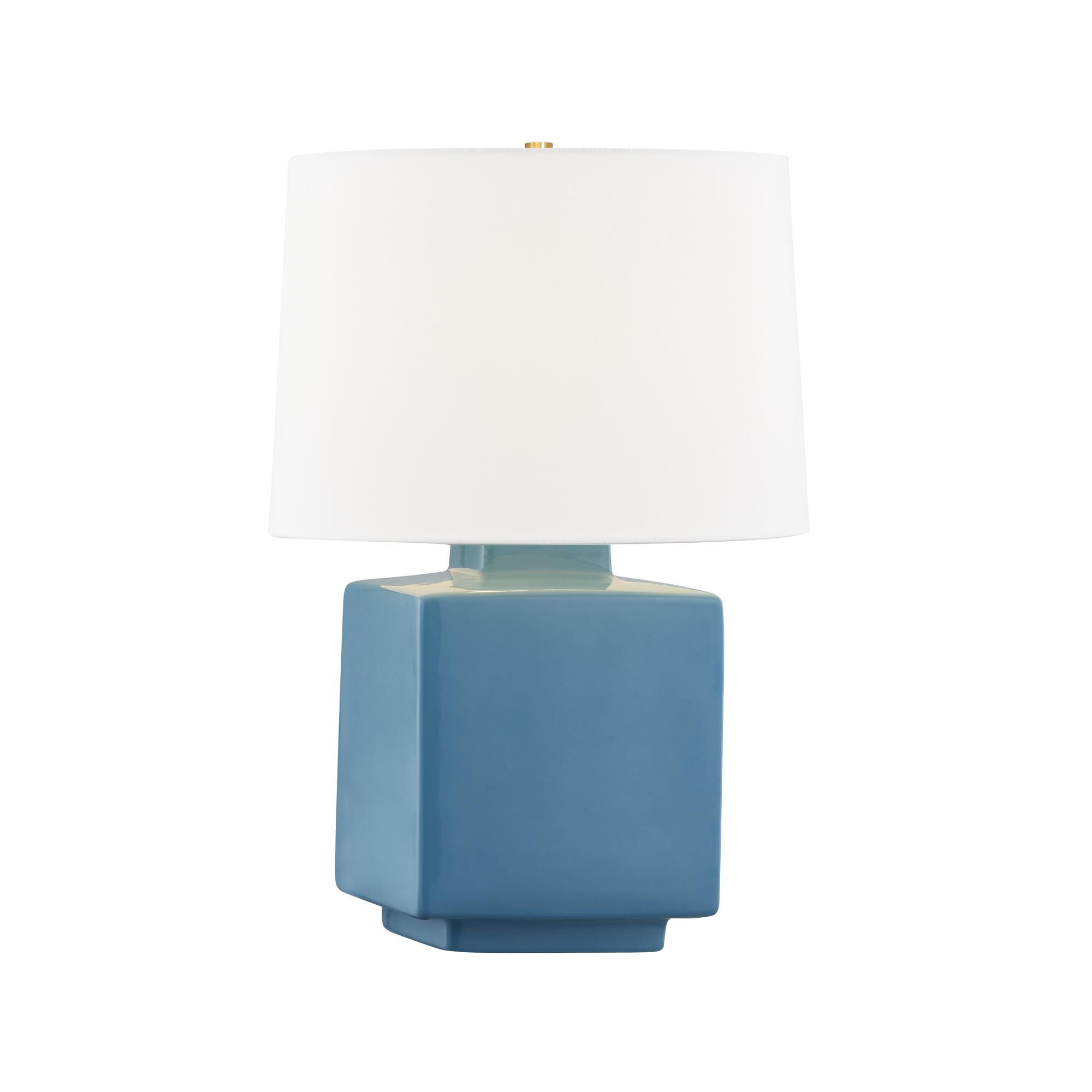 Shown in Aged Brass and Ceramic Gloss Turquoise finish and White Linen shade